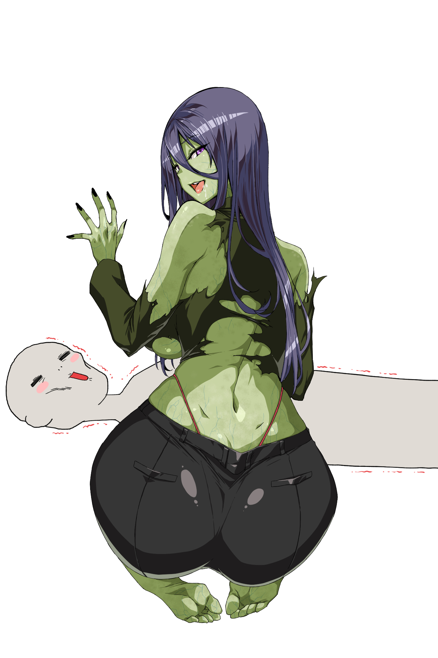 ass, bubble ass, bubble butt, cum in mouth, cum leaking out of mouth, drooling, female, green skin, looking at viewer, magenta eyes, open mouth, purple hair, rantia, resident evil, smiling, sucked dry, sucked off, sucked silly, torn clothes, undead, undead female, vein, veins, zombie, zombie girl