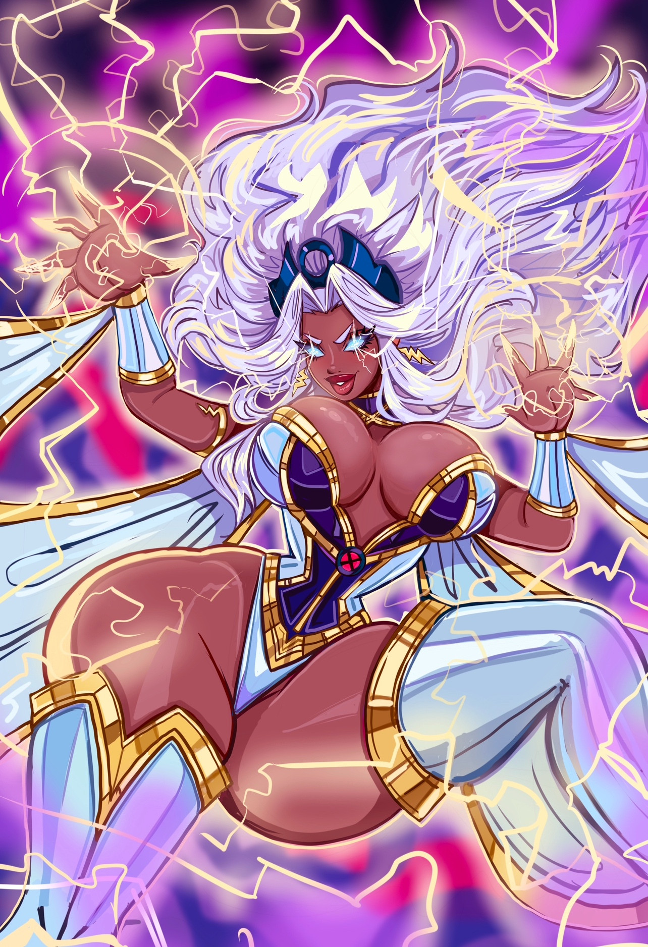 breasts, busty, dark skin, dark-skinned female, electricity, electricity manipulation, female, hips, huge breasts, lightning, lightning bolt, marvel, marvel comics, ororo munroe, slim waist, small waist, sparks, storm (x-men), superheroine, theartofmathew, thick thighs, thighhighs, very small waist, white hair, x-men