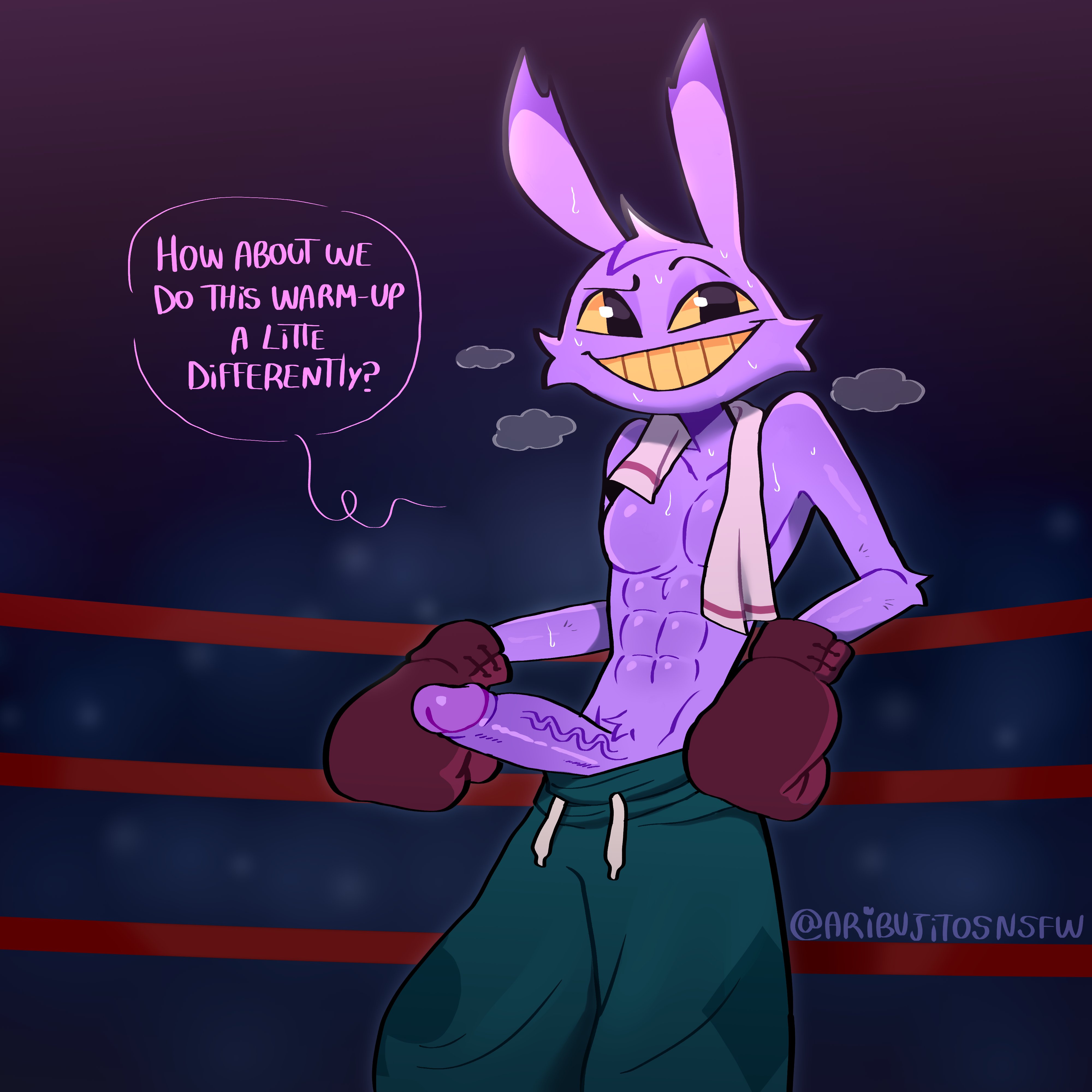 1boy, abs, after fight, aribujitosnsfw, artist name, breath, cloud, english text, erect penis, erection, fighting ring, fur, gay, glitch productions, gloves, jax (the amazing digital circus), looking at viewer, male, male only, mammal, muscular, muscular male, pants, pecs, pectorals, penis, penis out, purple body, rabbit, smile, solo, solo male, sweat, sweatdrop, sweaty, sweaty body, talking to viewer, the amazing digital circus, towel, towel around neck