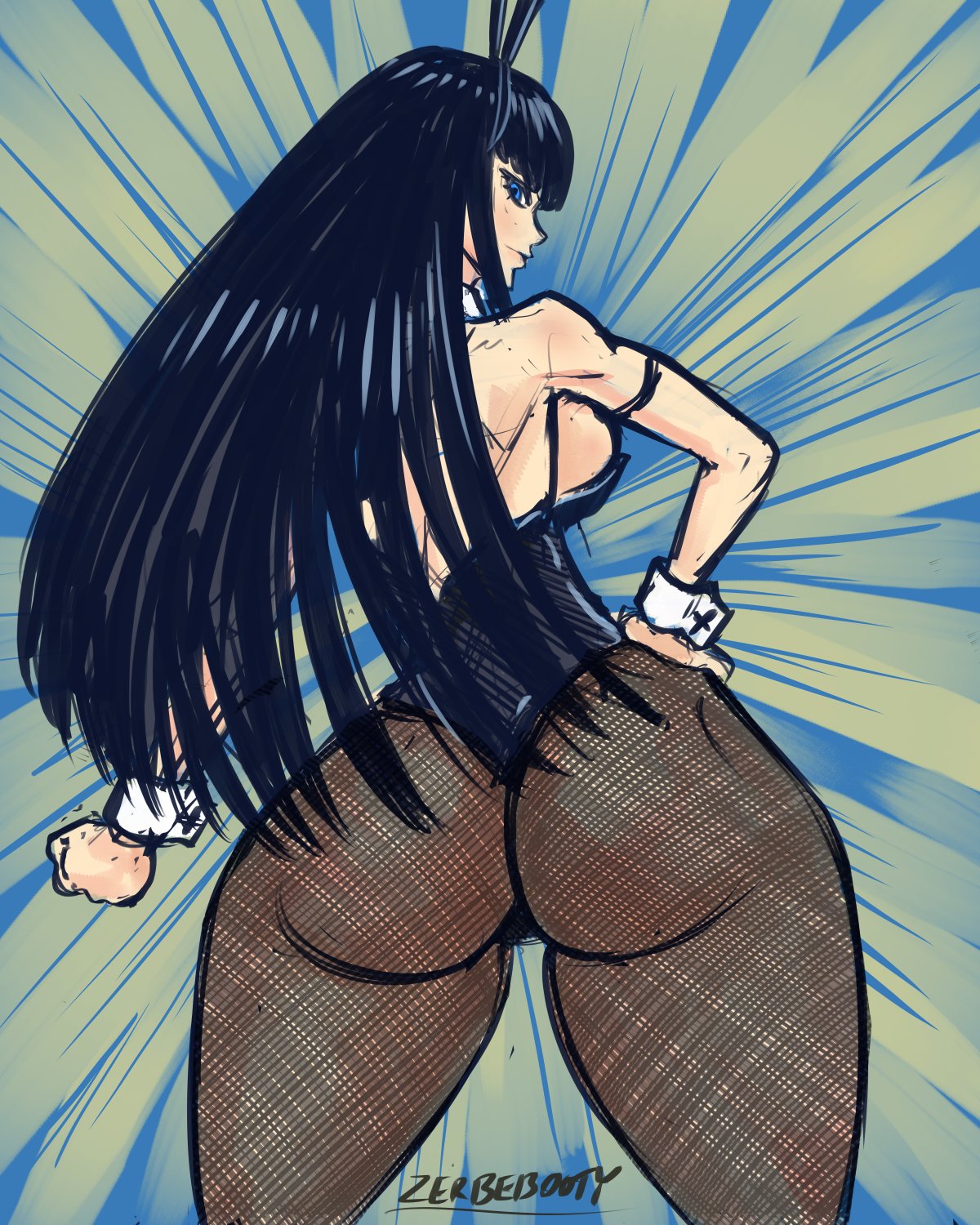 ass, ass focus, backboob, blue eyes, booty, bubble ass, bubble butt, bunny girl, bunnysuit, female, huge ass, kill la kill, kiryuuin satsuki, large breasts, long hair, looking back, thick thighs, zerbebuth