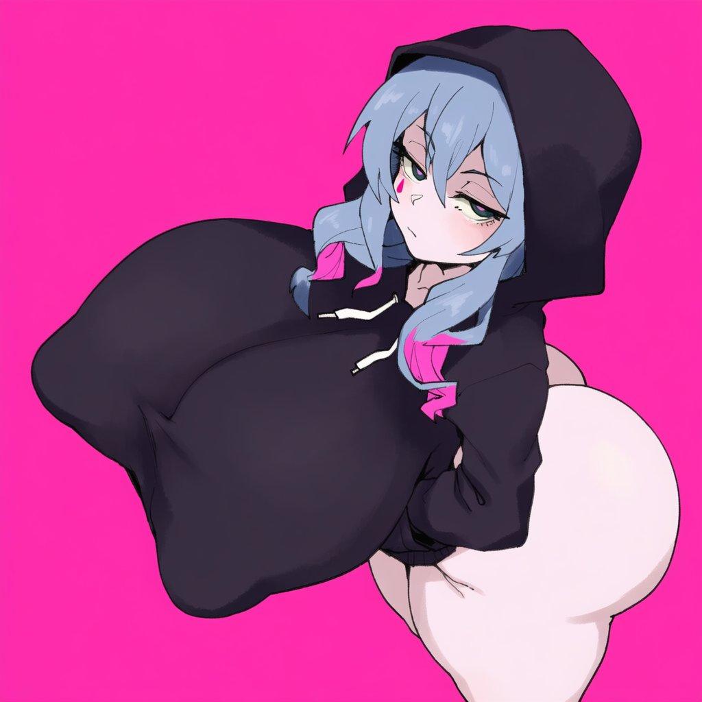 1girl, ai generated, ass, black hoodie, blue hair, bottomless, breasts, closed mouth, covered nipples, facial mark, female, goghkunn, gradient hair, hair between eyes, hands in pockets, hatsune miku, hood, hood up, hoodie, huge breasts, large ass, large breasts, long hair, looking at viewer, multicolored hair, nipple bulge, pink background, pink hair, rabbit hole (vocaloid), simple background, solo, sweater, teardrop facial mark, thighs, uninterested