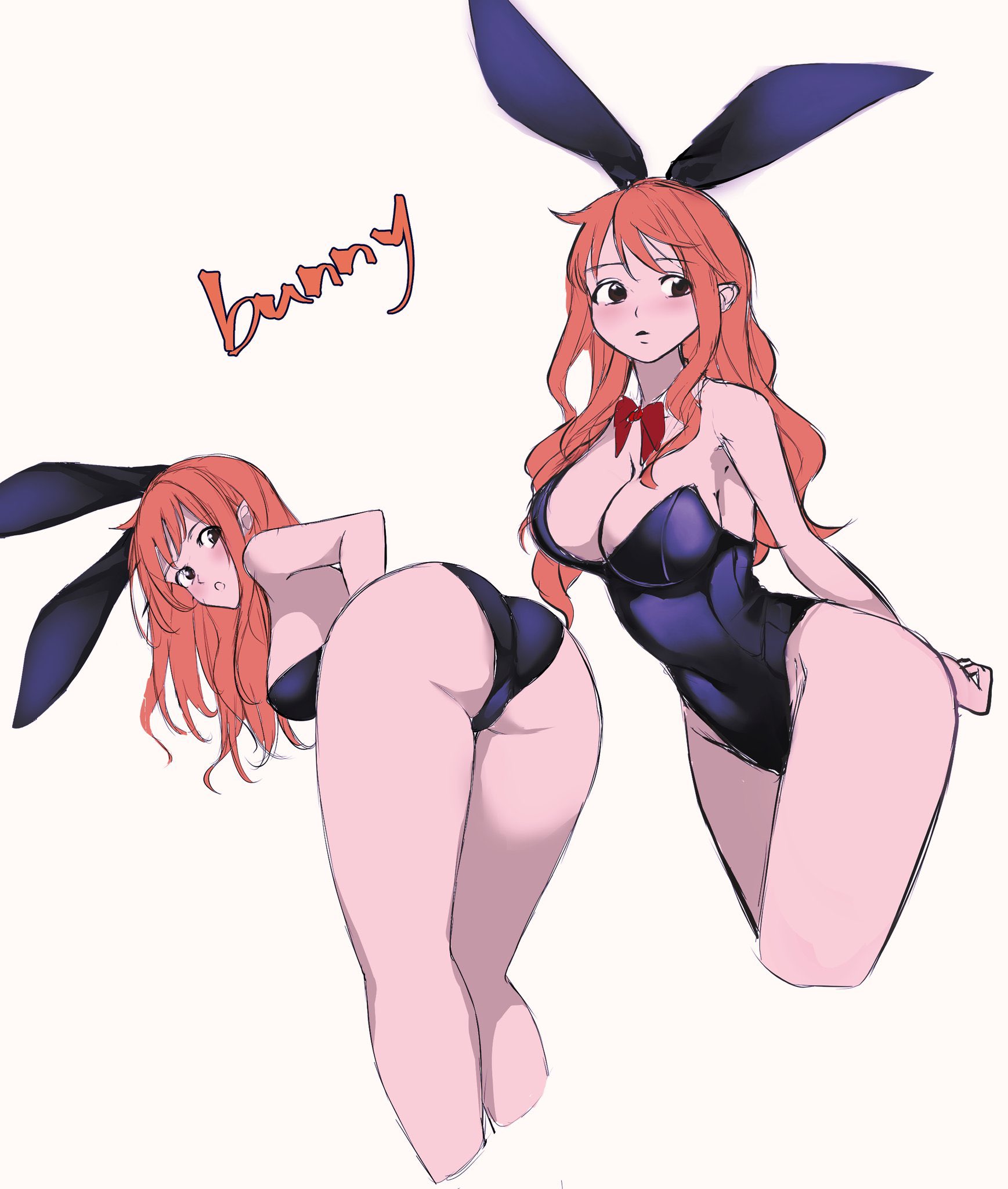 1girls, adult, adult female, ass, bare ass, bare butt, bare calves, bare chest, bare hands, bare hips, bare knees, bare legs, bare shoulders, bare thighs, big breasts, black bunny ears, black bunnygirl costume, black bunnysuit, blush, blush face, blushing female, bowtie, breasts, bunny ears, bunny girl, bunnygirl outfit, busty, busty female, cleavage, clothing, collarbone, curvaceous, curvaceous body, curvaceous female, curvaceous figure, curvaceous hips, curvaceous thighs, curvy, curvy body, curvy female, curvy figure, curvy hips, curvy thighs, exposed arms, exposed ass, exposed butt, exposed chest, exposed hips, exposed legs, exposed shoulders, exposed skin, exposed thighs, female, female focus, female only, fingers, groin, hair between eyes, high resolution, highres, hourglass figure, huge breasts, kasumi6, large breasts, lean figure, long hair, looking at viewer, mature, mature female, nami (one piece), narrow waist, one piece, orange eyebrows, orange eyes, orange hair, orange-eyed female, orange-haired female, plump breasts, red bowtie, shoulders, simple background, slender body, slender waist, slim waist, solo, standing, thick thighs, thighs, wavy hair, white background, wide hips