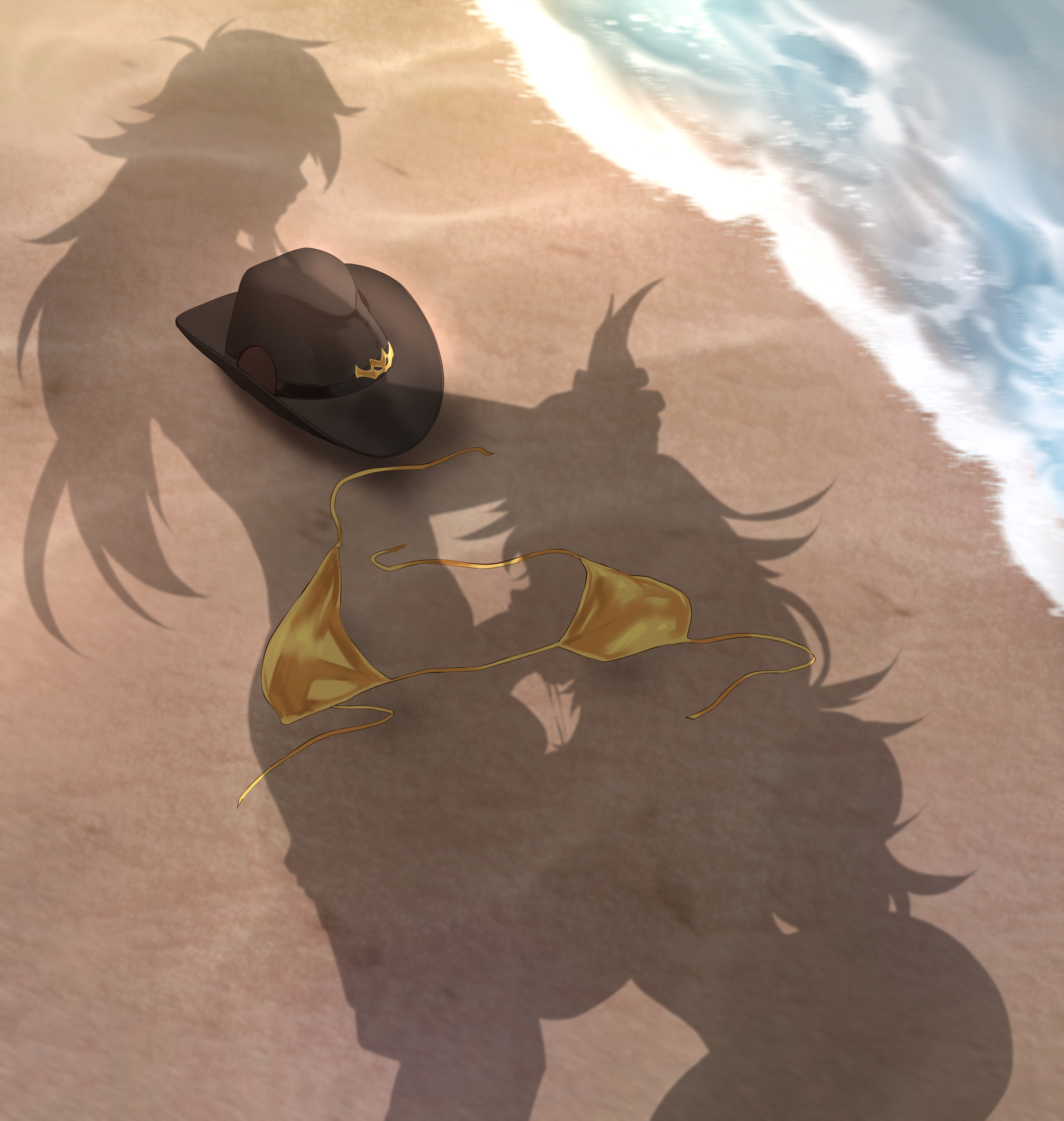 1boy, 1girls, beach, blowjob, cowboy hat, deepthroat, dragon, dressed shadow (meme), ember (valakabane), fellatio, female, gold bikini, horn grab, horns, implied oral, implied sex, male, owner (artist), saliva, saliva trail, shadow, silhouette, silhouette sex, topless, topless female