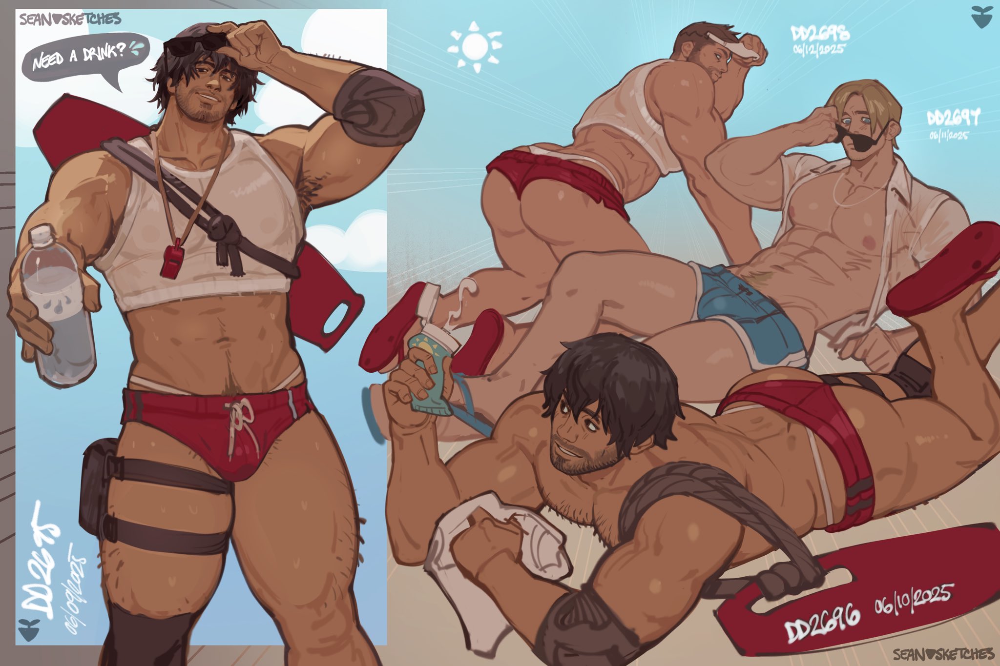 3boys, abs, bara, bulge, carlos oliveira, chris redfield, crop top, english text, facial hair, gay, gay male, hairy chest, leon scott kennedy, looking at ass, male, male focus, male only, muscular, muscular male, open shirt, resident evil, resident evil 2, resident evil 3, resident evil 3 remake, resident evil 5, seansketches, short shorts, speedo, tagme, thick thighs, thong, yaoi