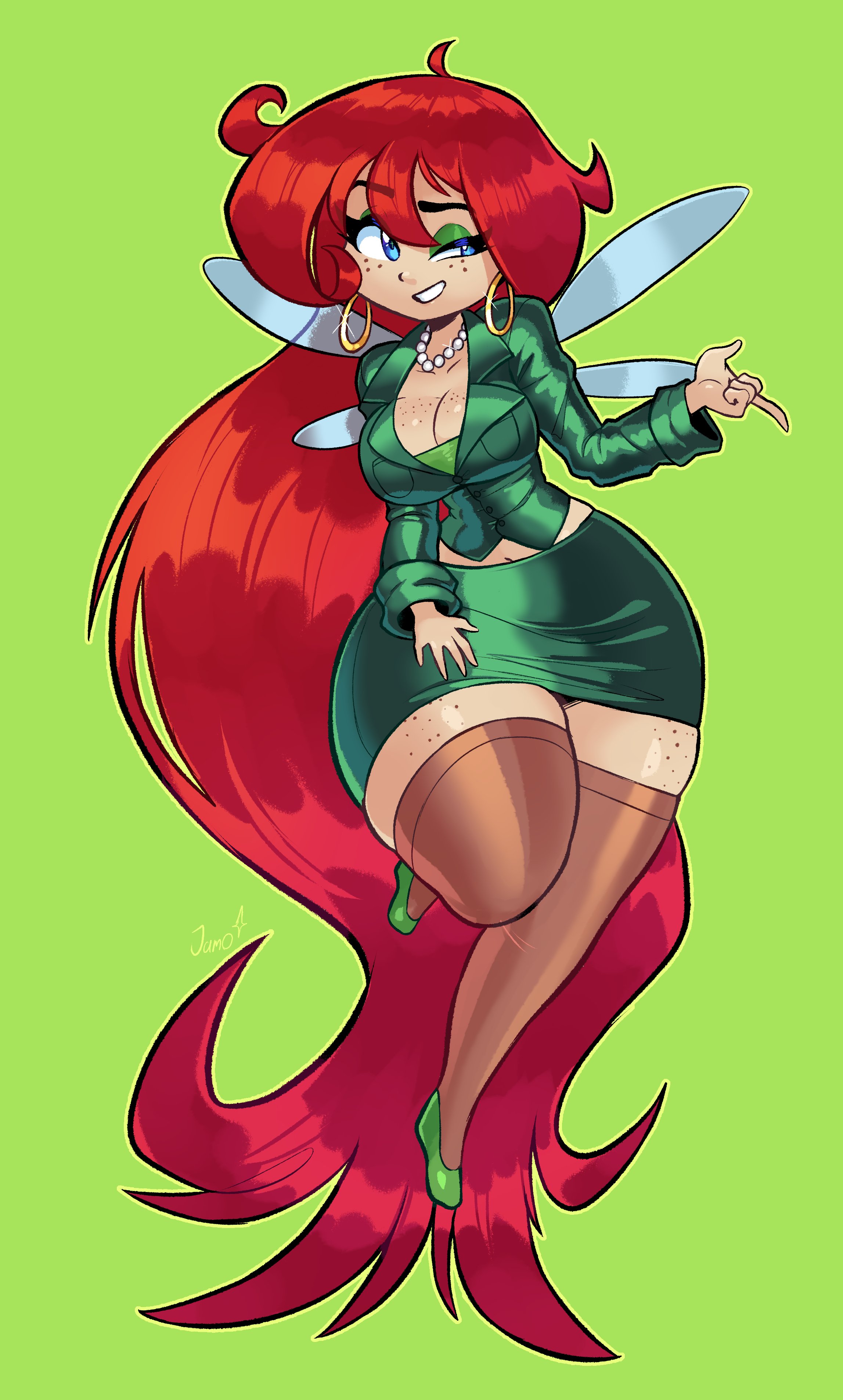 1girls, 2d, 2d (artwork), 5 fingers, absurd res, athletic, athletic female, betilla (rayman), big breasts, big thighs, bottom heavy, bottomwear, breasts, busty, chest, cleavage, clothes, clothing, curvaceous, curvy, curvy body, curvy female, curvy figure, digital drawing (artwork), digital media (artwork), female, female only, fit, fit female, footwear, front view, full body, green background, green clothing, hips, huge thighs, humanoid, jamoart, large thighs, legwear, light skin, light-skinned female, long hair, no humans, not furry, nymph, nymph (rayman), outline, pale skin, pale-skinned female, pose, posing, rayman (series), rayman origins, red hair, shoes, simple background, skin tight, skintight clothing, slim waist, smooth skin, solo, solo female, stockings, tagme, thick thighs, thighhighs, thighs, tight clothing, tight fit, topwear, ubisoft, very long hair, voluptuous, voluptuous female, wide hips
