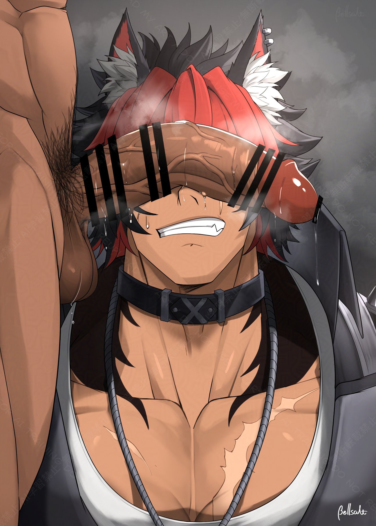 1boy, 2boys, 2d, animal ear fluff, animal ears, artist name, artist signature, bara, beefy, bellsaltr, big penis, black hair, boner, bottomless, cant see the haters, censor bar, censored, censored penis, collar, cumdump, curved penis, dripping, duo, ear tuft, erection, foreskin, foreskin folds, gay, grey background, grey hair, hi res, huge cock, hunk, imminent fellatio, imminent oral, imminent penetration, imminent sex, kemono, komano manato, long penis, loving it, male, male focus, male only, male/male, manly, mature male, meat toilet, medium hair, multicolored hair, muscles, muscular, muscular legs, muscular male, muscular thighs, musk, musk clouds, musky cock, necklace, pecs, penis, penis bigger than head, penis on face, penis over eyes, pointless censoring, precum, precum drip, pubic hair, quadriceps, red glans, red hair, retracted foreskin, scar, scar on chest, scar on face, scars, sex slave, side view, simple background, standing, steam, steamy breath, steamy penis, sweat, sweatdrop, sweating, sweaty, tattoo, tattoo on neck, thick legs, thick penis, three-tone hair, tough guy, tuft, uncircumcised, uncut, veiny penis, very sweaty, watermark, white hair, wolf boy, yaoi, zenless zone zero, zooweemama