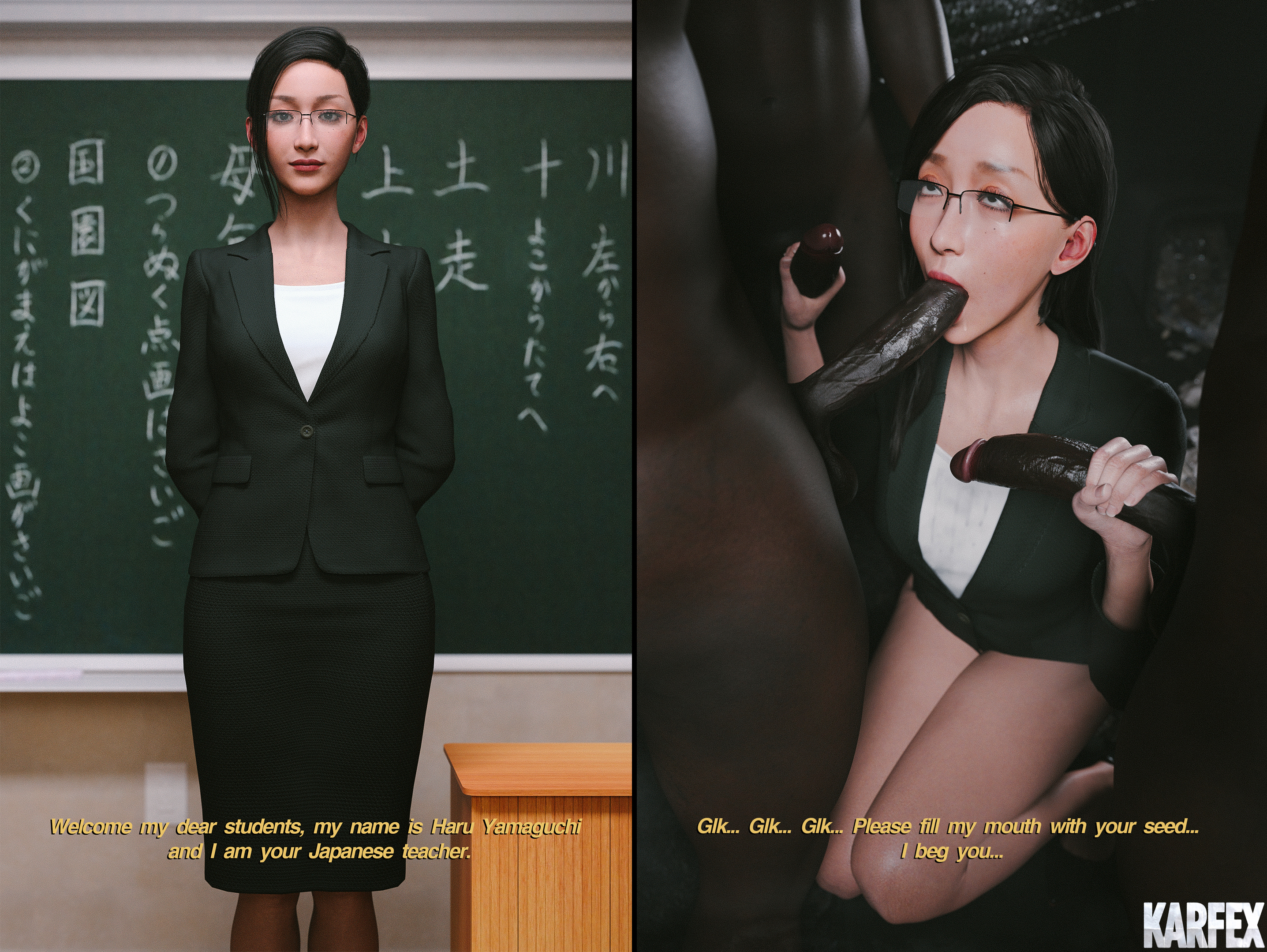 1girls, 3boys, 3d, 3d (artwork), 3d model, asian, balls, before and after, big penis, cheating, cheating female, cheating wife, cuckold, cuckolding, dark hair, dark skin, dark-skinned male, female, haru yamaguchi, heels, huge balls, huge cock, imminent sex, interracial, japanese, japanese female, karfex, legs, male, netorare, ntr, oral, original, partial male, penis, suit, teacher, teacher and student, text