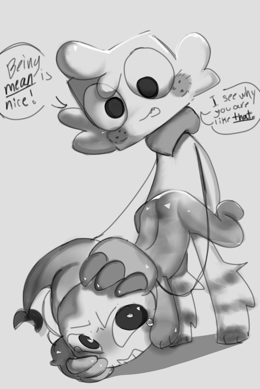 ambiguous penetration, ass, dandy's world, dialogue, embarrassment, furry, goob (dandy's world), male, monochrome, sex, shrimp, shrimpo (dandy's world), tagme, tears