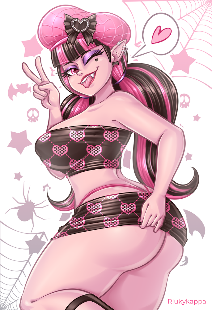 1girls, armpits, asian, asian female, asking for it, ass, back, back arch, bangs, bare shoulders, beret, bicolored hair, big ass, big breasts, big butt, black hair, blunt bangs, breasts, calves, collarbone, curvy, curvy female, curvy figure, cute, cute face, draculaura, draculaura g3, ear piercing, earrings, eyebrows, eyelashes, eyeshadow, fangs, female, female only, flashing, flashing ass, from behind, hair, hairband, heart, heart on cheek, heart symbol, imminent sex, inviting, inviting to sex, leg up, long hair, looking at viewer, low-angle view, makeup, medium breasts, miniskirt, monster girl, monster high, monster high g3, multicolored hair, nipple outline, nipples visible through clothing, peace sign, piercings, pink body, pink hair, pink skin, pink underwear, plump, plump ass, pointy ears, pulling clothing, quads, riukykappa, round ass, semi nude, shiny hair, skimpy, skimpy clothes, slim waist, smile, smiling at viewer, smirk, smirking, smirking at viewer, solo, solo female, spoken heart, taiwanese, taiwanese female, teeth, thick, thick ass, thick legs, thick thighs, tongue, tongue out, twintails, vampire girl, voluptuous, voluptuous female, wide hips, wink
