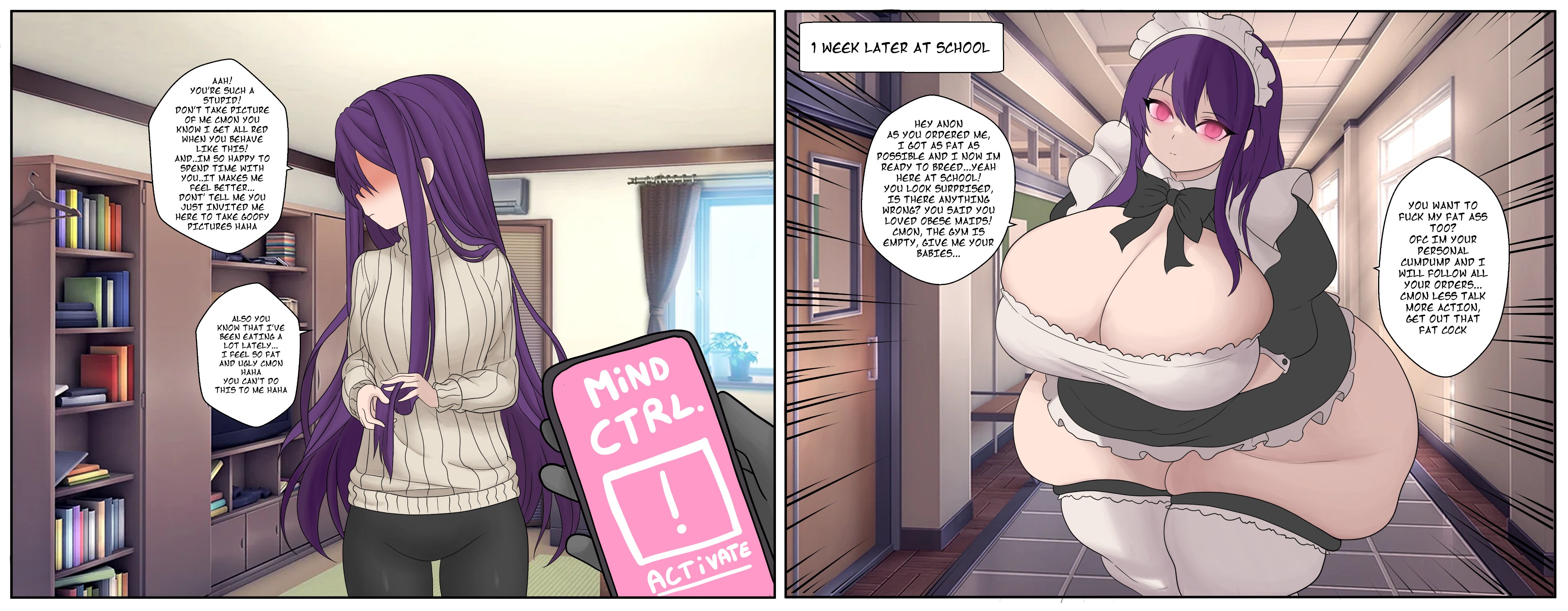 1girls, ass, ass expansion, bbw, before and after, breast expansion, breasts, cleavage, dialogue, doki doki literature club, fat thighs, female, female only, gigantic ass, gigantic breasts, huge ass, huge breasts, human, mind control, mind control app, overweight, overweight female, revealing clothes, standing, text, thunder thighs, transformation, vanjun, weight gain, weight gain sequence, yuri (doki doki literature club)