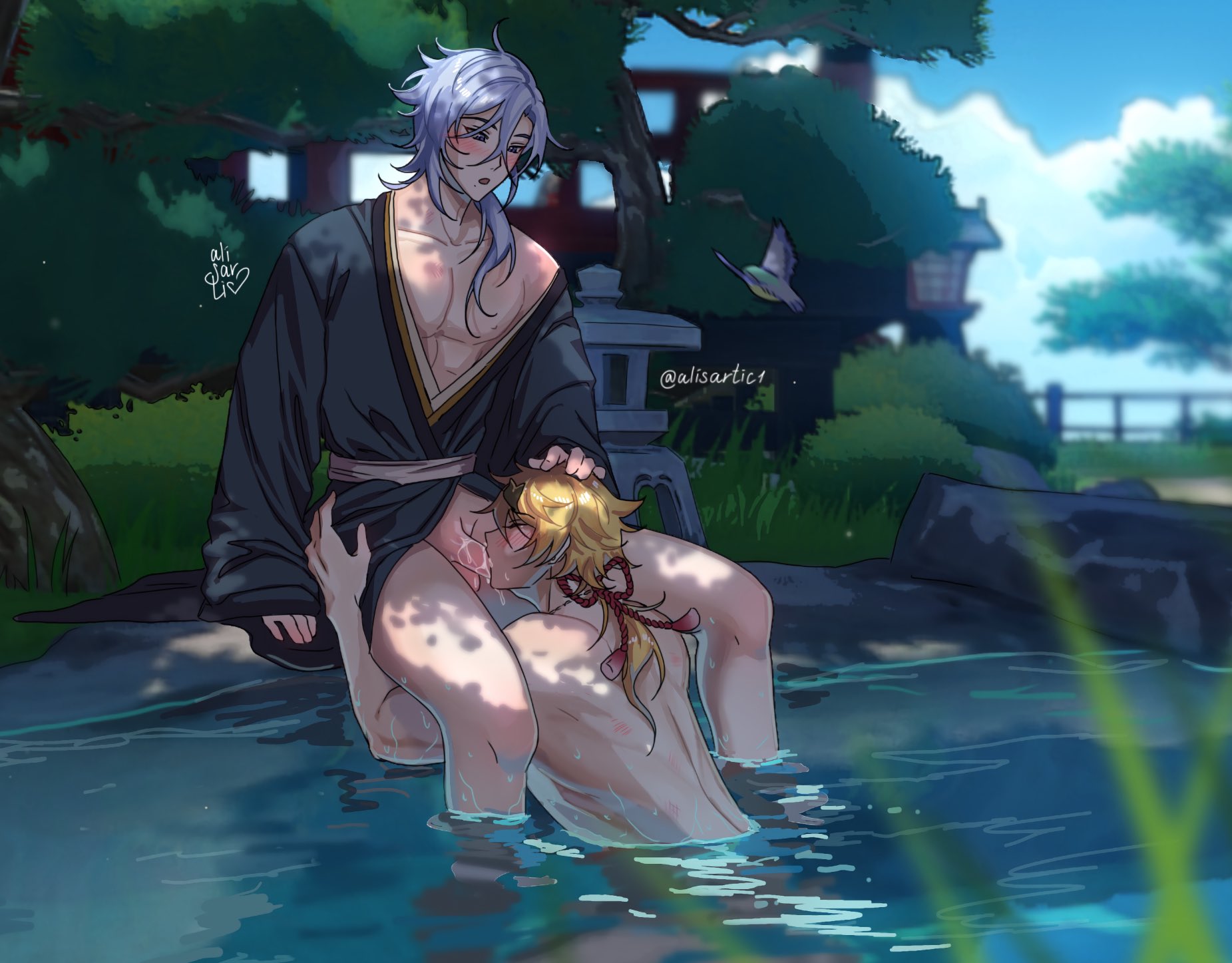 2boys, blowjob, gay, genshin impact, kamisato ayato, lake, male, male only, partially clothed, thoma (genshin impact), water, yaoi