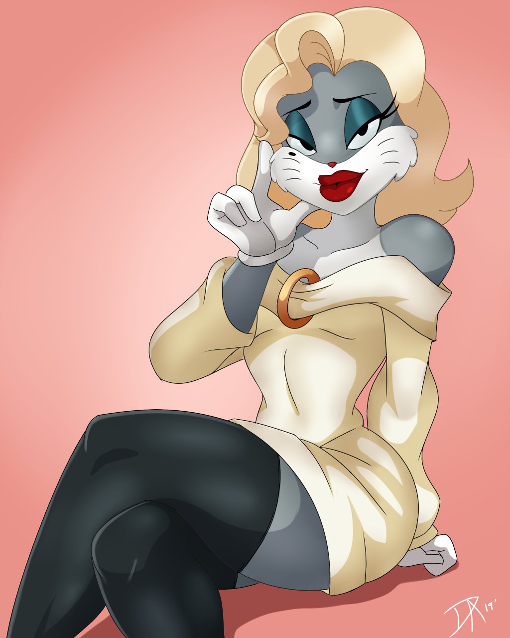 1anthro, 2d, ambiguous gender, beauty mark, blonde hair, bugs bunny, clothed, color, dalley le alpha, dress, flat chest, gloves, legwear, looney tunes, makeup, pinup, submissive, thighhighs, warner brothers, white dress, white gloves