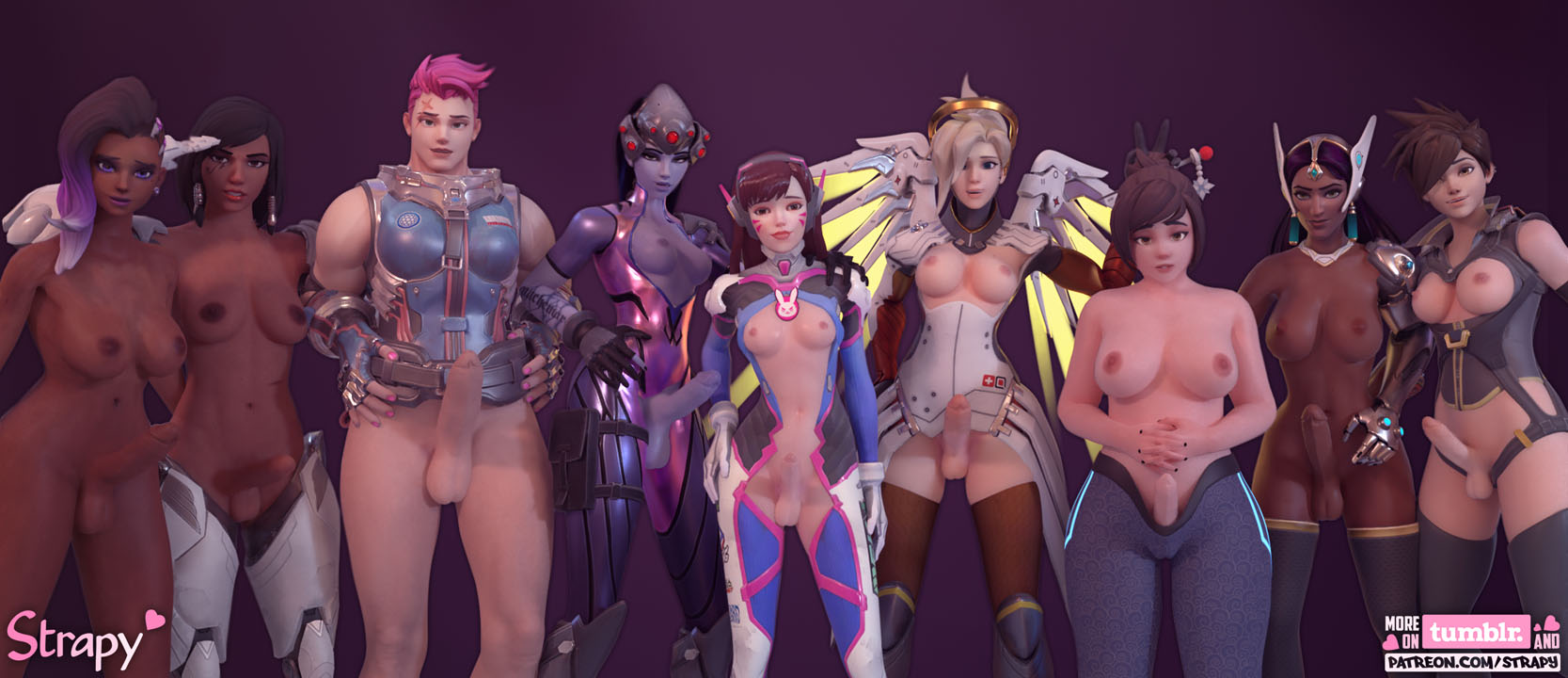 3d, 9futas, alternate costume, areola, areolae, armor, asian, asian futa, bare shoulders, big breasts, black hair, blender, breasts, brown hair, d.va, dark skin, dark-skinned futa, dickgirl, egyptian, erection, exposed, exposed torso, foreskin, front view, functionally nude, futa only, futanari, hair, hair bun, hands, headset, human, indian, intersex, jackal pharah, latina, legs, lips, lipstick, long hair, medium breasts, mei (overwatch), mercy, mostly nude, multicolored hair, nail polish, nipples, overwatch, penis, pharah, pink hair, pink nails, purple eyes, purple hair, purple lipstick, purple skin, rose tracer, shiny, shiny skin, short hair, small breasts, sombra, standing, strapy, symmetra, tracer, uncircumcised, widowmaker, zarya
