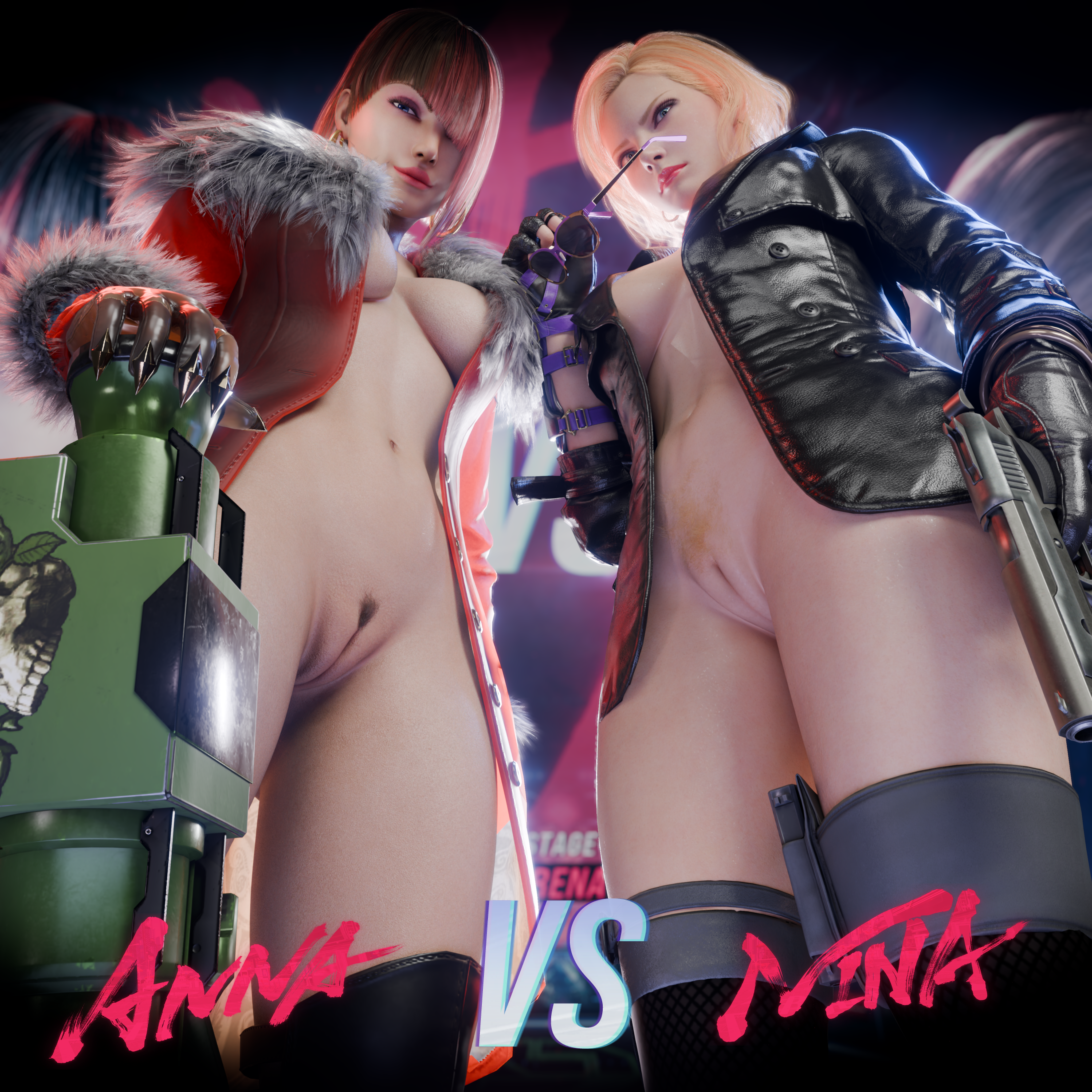 2girls, 3d, absurd res, anna williams, bandai namco, black gloves, blonde hair, bob cut, coat, faceoff, female, gloves, jacket, leather, leather gloves, nina williams, pistol, presenting, presenting pussy, pussy, red hair, rocket launcher, shaddoll x, tekken, tekken 8