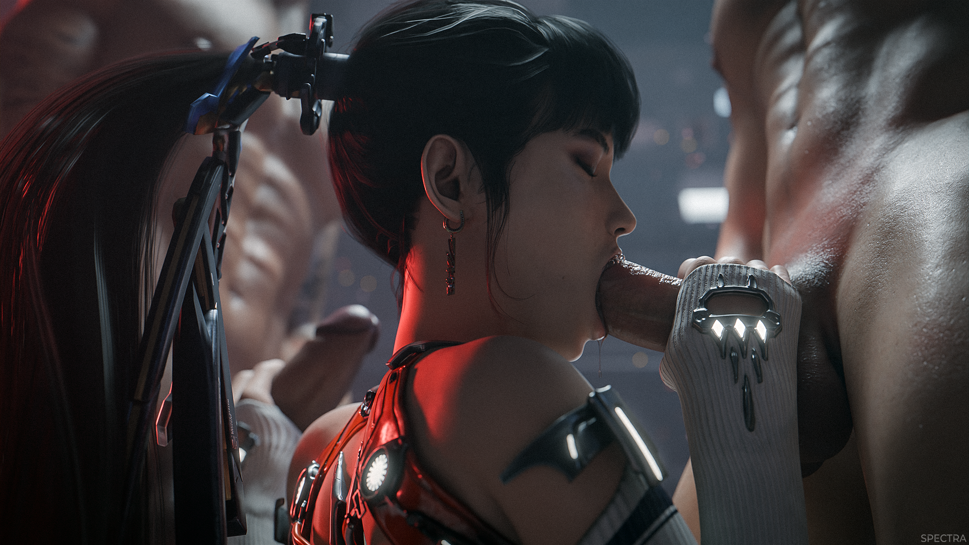 1girls, 2boys, 3d, black hair, blender, blowjob, dark hair, double handjob, eve (stellar blade), female, handjob, holding penis, light skin, light-skinned female, male, mmf threesome, penis, ponytail, spectra3d, stellar blade, sucking