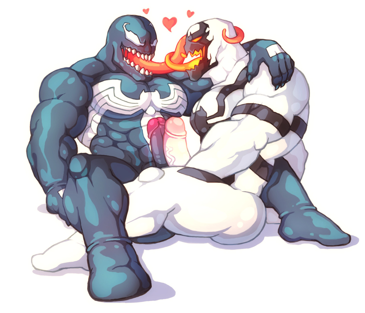 -male only, 2boys, anti-venom, bara, blackmonster, duo, frottage, gay, male, male only, marvel, marvel comics, muscles, penis, smooth skin, spider-man (series), symbiote, tongue, venom, venom (marvel), yaoi