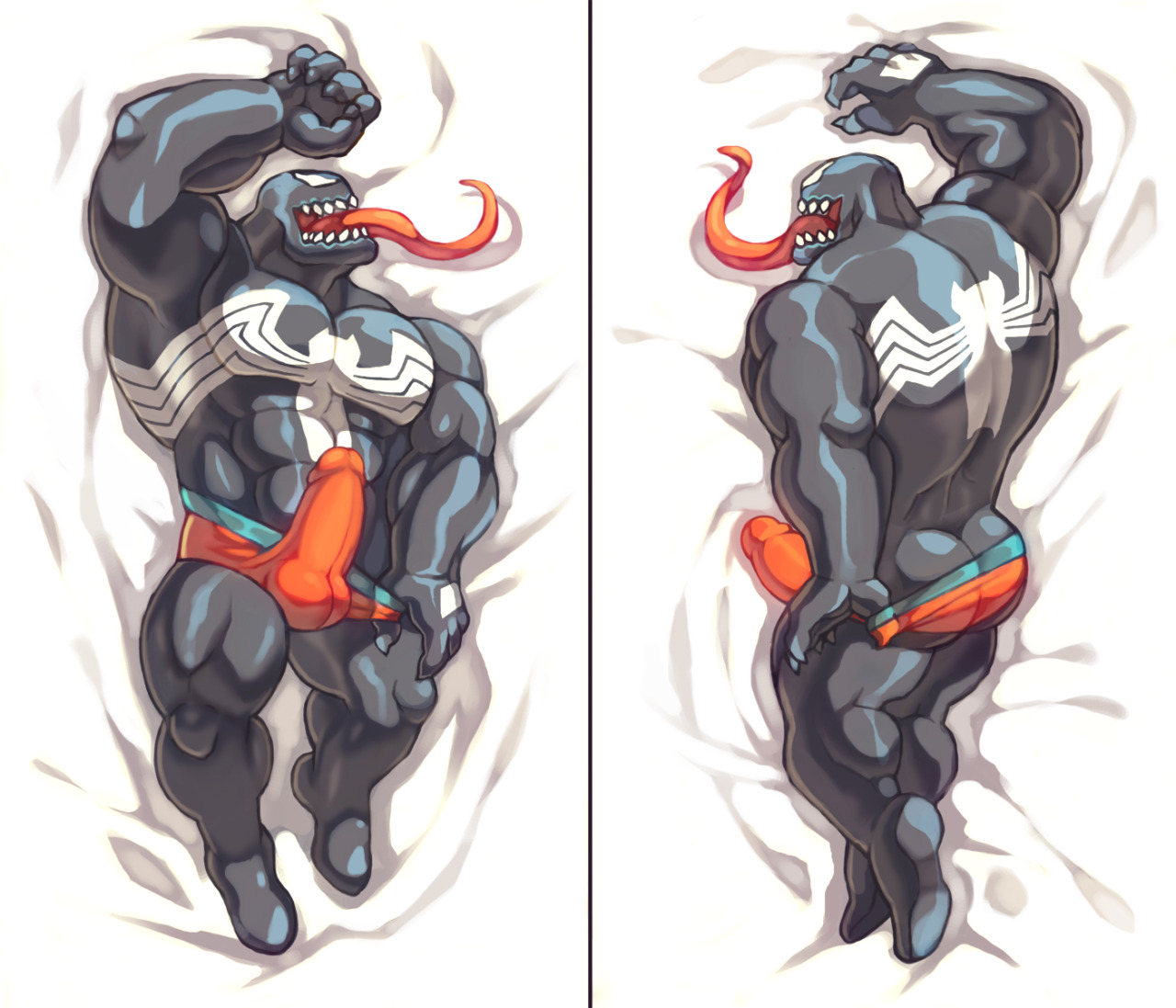 ass, bara, biceps, black skin, blackmonster, body pillow, bulge, dakimakura, humanoid, laying, male, male only, marvel, marvel comics, muscles, muscular, muscular ass, muscular back, muscular legs, muscular male, muscular thighs, pecs, penis, penis under clothes, presenting, smooth skin, solo, spider-man (series), thong, tight clothing, tongue, venom, venom (marvel), yaoi