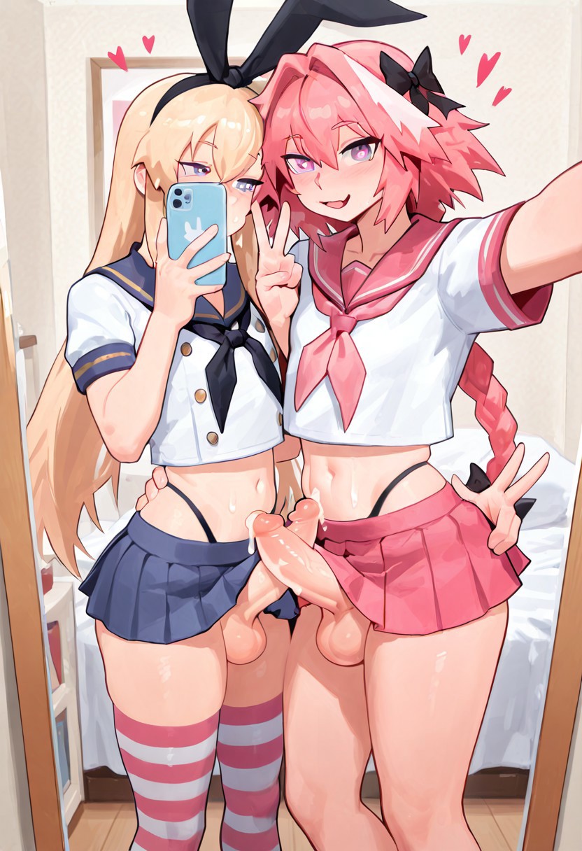 2boys, 2femboys, ai generated, alternate version available, armwear, ass, astolfo (fate), astolfo (sailor paladin) (fate), balls, bed, bed sheet, bedroom, black thong, blonde hair, crossdressing, crossover, cum drip, cum dripping, cum dripping from penis, erect penis, erection, fate (series), femboy, femboy only, feminine male, genderswap (ftm), girly, indoors, kantai collection, legwear, male, male only, mirror selfie, peace sign, penis, precum, rule 63, selfie, shimakaze (kantai collection), shimakaze (kantai collection) (cosplay), shimakaze-kun, skirt, solo, standing, testicles, thick thighs, thighs, thong, trap, v, v sign, yarghabag