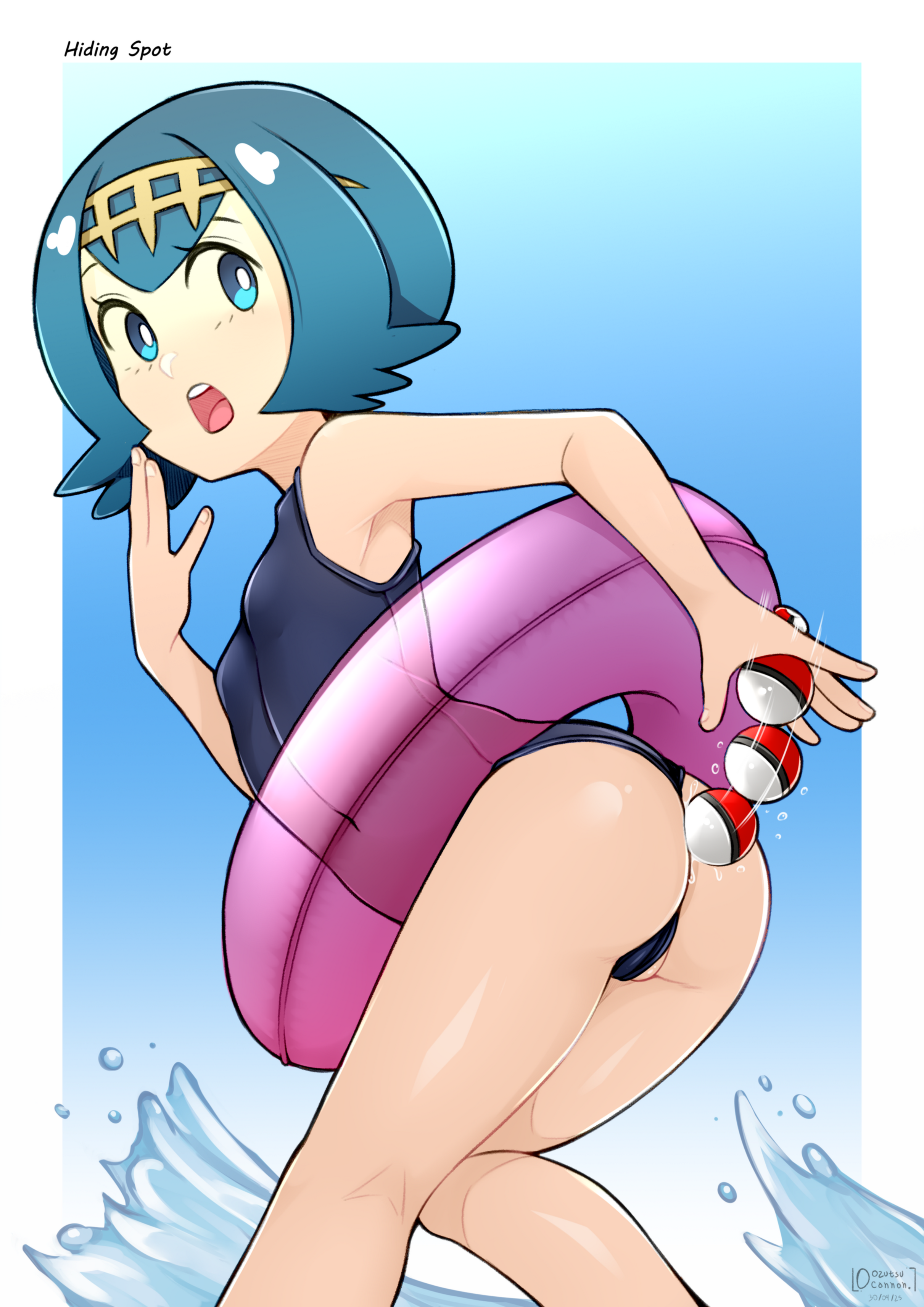 :o, absurdres, anal, anal beads, anal object insertion, ass, black one-piece swimsuit, blue eyes, blue hair, bright pupils, commentary, female, female masturbation, hairband, hand up, highres, holding, holding sex toy, innertube, knees together feet apart, lana (pokemon), looking back, masturbation, motion lines, nintendo, no sclera, object insertion, one-piece swimsuit, oozutsucannon, open mouth, pokemon, pokemon sm, pulling, purple innertube, sex toy, short blue hair, short hair, solo, swim ring, swimsuit, teeth, tongue, trial captain, upper teeth, water, water drop, white pupils, yellow hairband