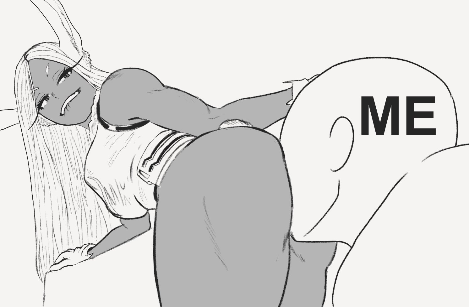 1girls, 1other, 2025, ambiguous gender, animal ears, anon, ass, ass worship, back view, big ass, biting lip, biting own lip, black and white, bottom heavy, breasts, clothed, clothed female, clothing, dark skin, dark-skinned female, desenhistadehen, duo, face in ass, female, female/ambiguous, gloves, greyscale, grin, hair, handwear, human, human only, large ass, leaning forward, legs together, leotard, long hair, looking at partner, looking back, medium breasts, miruko, monochrome, my hero academia, nipple bulge, rabbit ears, rabbit tail, side view, smile, smiling, standing, tail, teeth, thick thighs, thighs, very long hair, wide hips