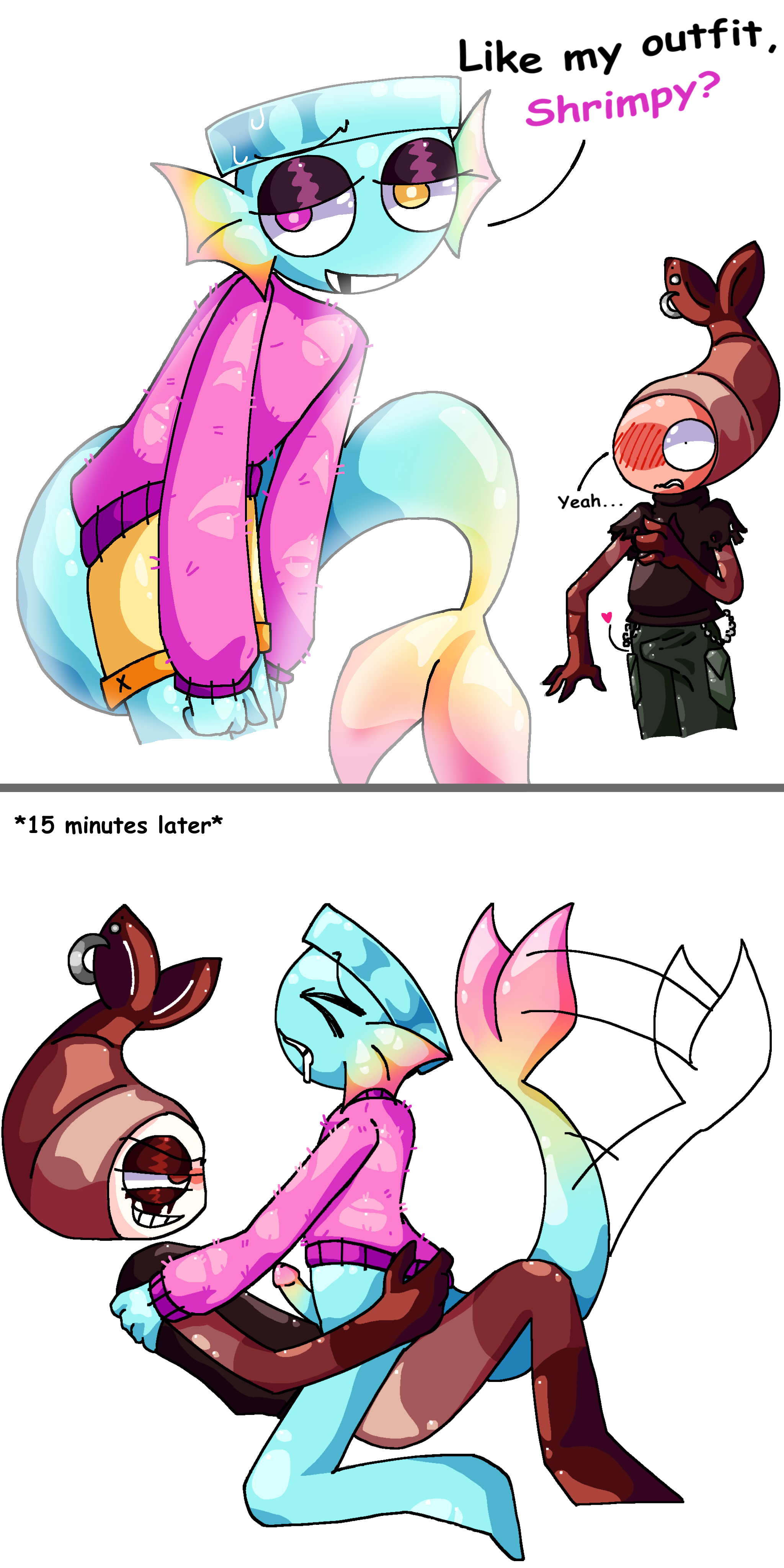 2boys, anal sex, ass, blue dick, boner, colorful body, dandy's world, dark spikes shrimpo, drool string, finn (dandy's world), fins, fish tail, flushed face, gay sex, heterochromia, male, male only, male/male, mini-comic, no humans, penis, penis in ass, prismatic pal finn, punk, riding penis, shrimpo (dandy's world), shrimpuccino