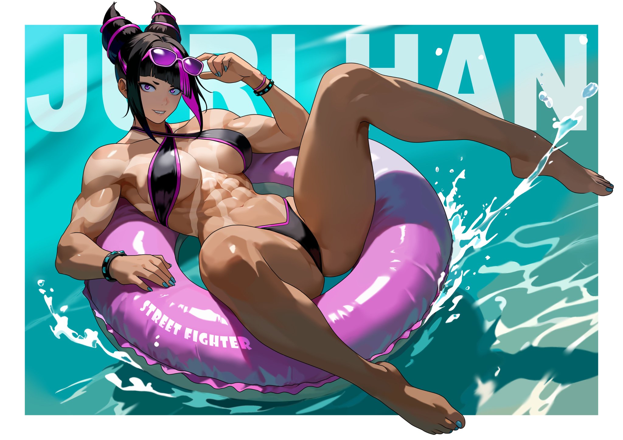 1girls, abs, bikini, female, female only, hi res, juri han, looking at viewer, muscular, muscular arms, muscular female, on water, open legs, short hair, smile, street fighter, strong female, swimsuit, tanline, tanlines, toned, toned female, yagi (joe731842)