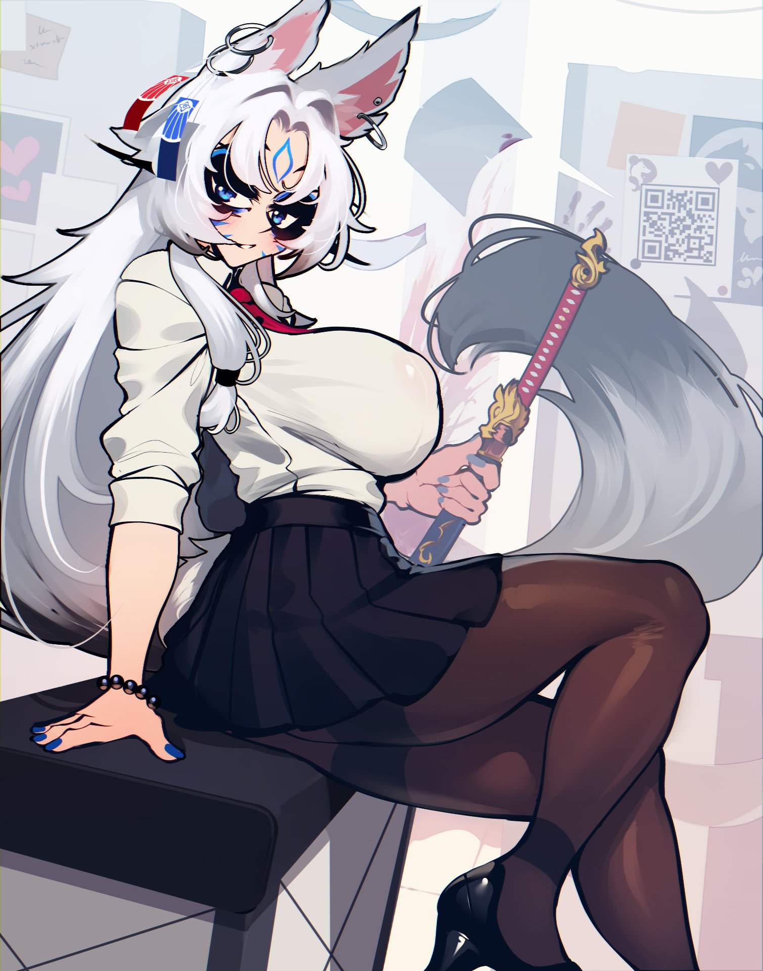 animal humanoid, big breasts, black bottomwear, black clothing, black footwear, black high heels, black legwear, black pantyhose, black skirt, blue eyes, blue nails, bottomwear, bracelet, breasts, canid humanoid, clothing, collared shirt, colored nails, desk, digital drawing (artwork), digital media (artwork), ear piercing, face markings, facial markings, female, footwear, furniture, hair, head markings, hi res, high heels, hikari ookami, holding katana, holding melee weapon, holding object, holding sword, holding weapon, humanoid, inner ear fluff, jewelry, katana, legwear, long hair, looking at viewer, mammal, mammal humanoid, melee weapon, nails, necktie, nipple outline, pantyhose, piercing, pleated skirt, qr code, sachiko, sachiko2s, saino entertainment, school uniform, shirt, shoes, sitting on desk, skirt, solo, sword, table, tail, tailed humanoid, topwear, tuft, uniform, weapon, white clothing, white hair, white shirt, white topwear, wolf ears, wolf girl, wolf tail