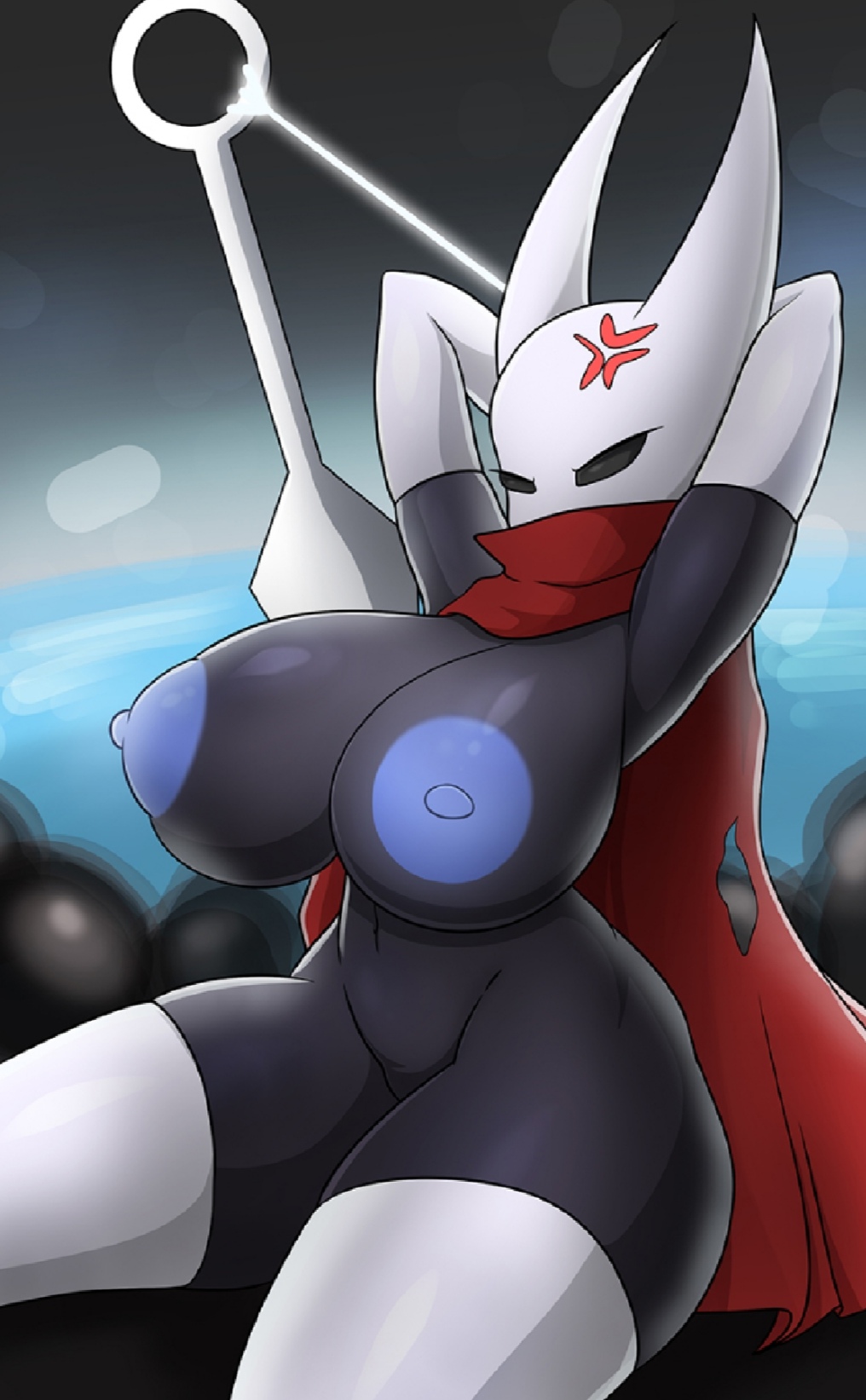 1girls, angry, big breasts, big thighs, blue nipples, breasts, cape, cloak, female, female only, hollow knight, hornet (hollow knight), nipples, red cape, solo, solo female, team cherry, thick thighs, thighhighs, zzvinniezz