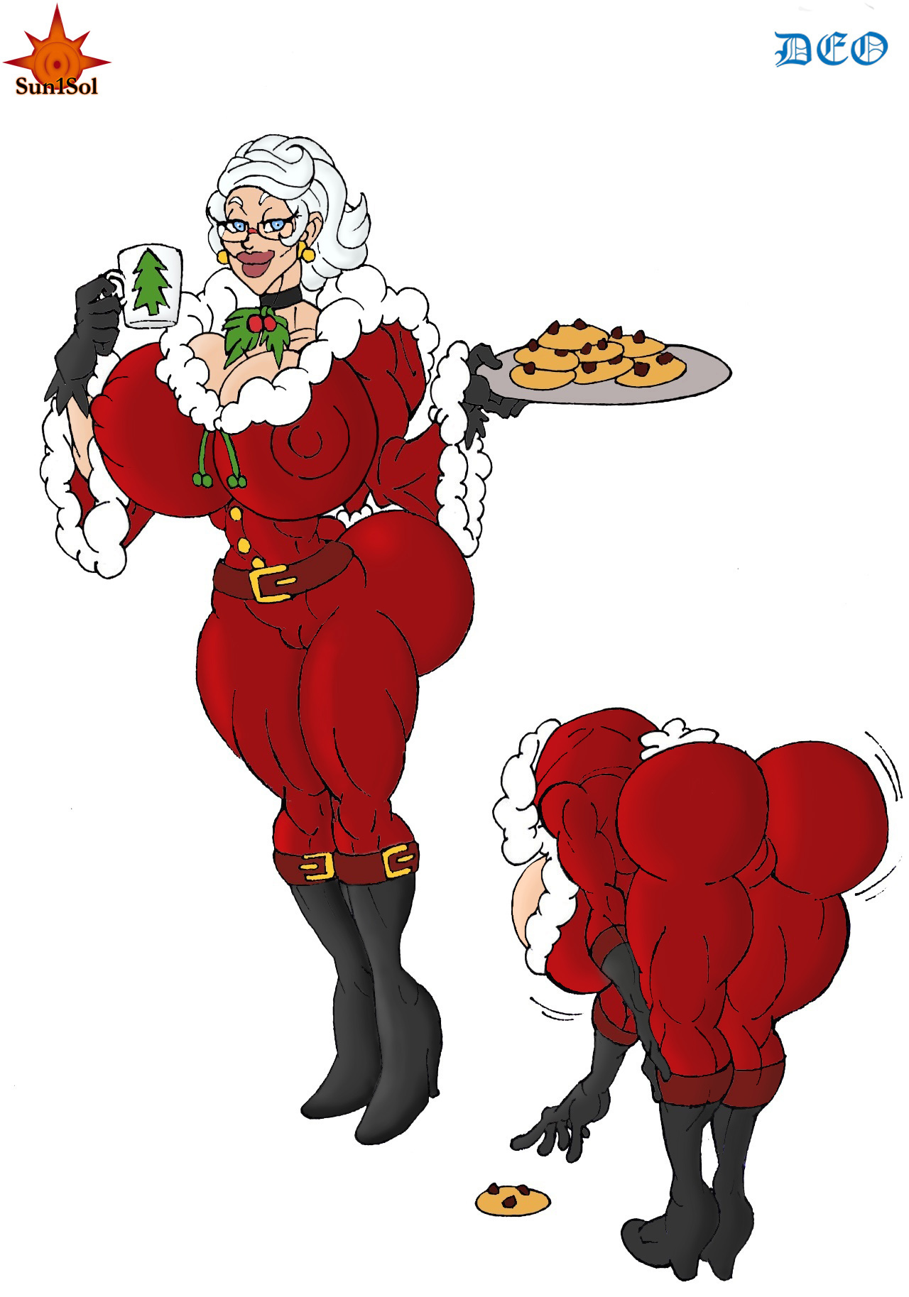 1girls, alternate version available, arms up, ass, ass crack, back view, bare shoulders, belt, bent over, big ass, big breasts, big butt, breasts, bubble ass, busty, butt crack, choker, christmas, cleavage, coat, cookie, cup, curvy, deoarts, ear piercing, earrings, edit, erect nipple, erect nipples, female, female only, gilf, glasses, high heel boots, high heels, holding object, hourglass figure, human, looking at viewer, mature, milf, mrs. claus, nipple bulge, nipples, pants, piercing, plate, pose, posing, short hair, sideboob, simple background, solo, standing, sun1sol, third-party edit, voluptuous, white background, wide hips