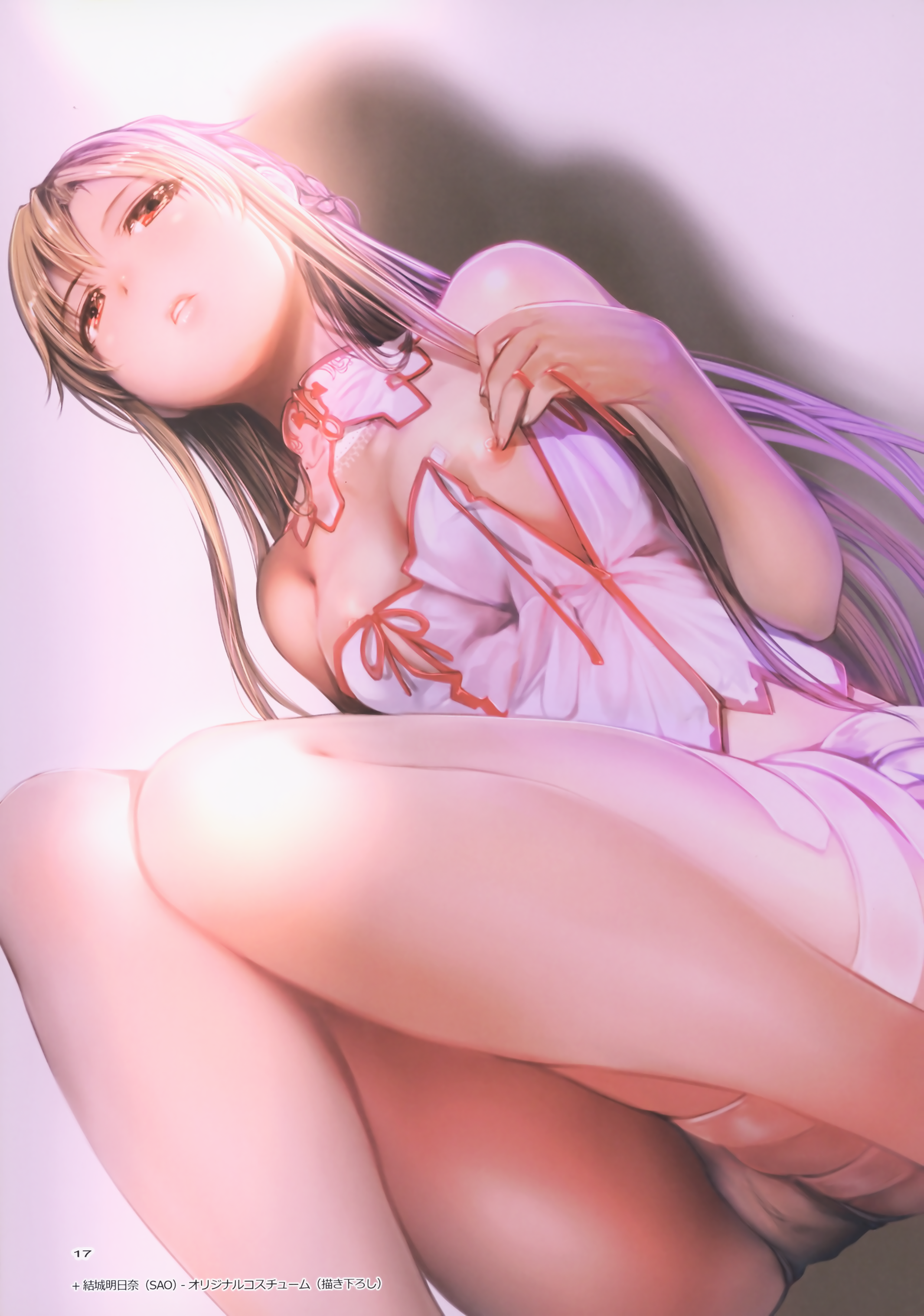 absurdres, aincrad, bare shoulders, braid, breasts, brown hair, cameltoe, detached collar, female, french braid, highres, knees together feet apart, knights of the blood, lips, long hair, medium breasts, mikazuki akira, nipple slip, nipples, open clothes, panties, parted lips, pussy, red eyes, scan, sitting, solo, sword art online, underwear, untied, white panties, yuuki asuna