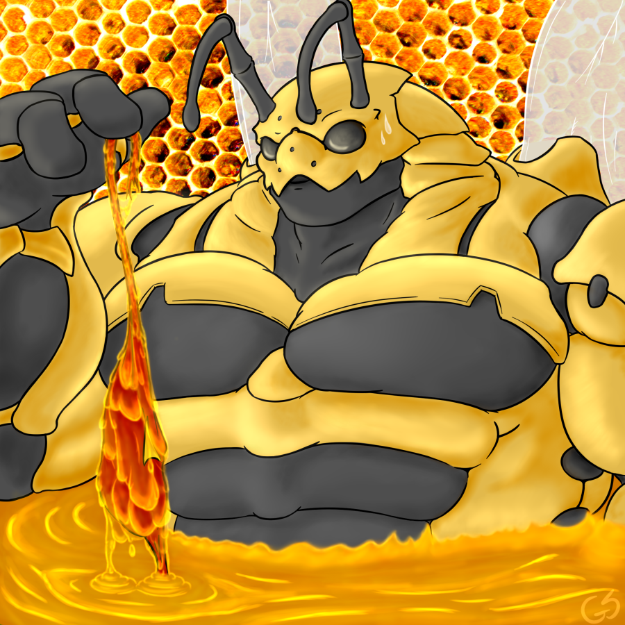 alien anthropod black_skin honey humanoid insects ivan_(character) male_only muscles sweat wasp yellow_skin