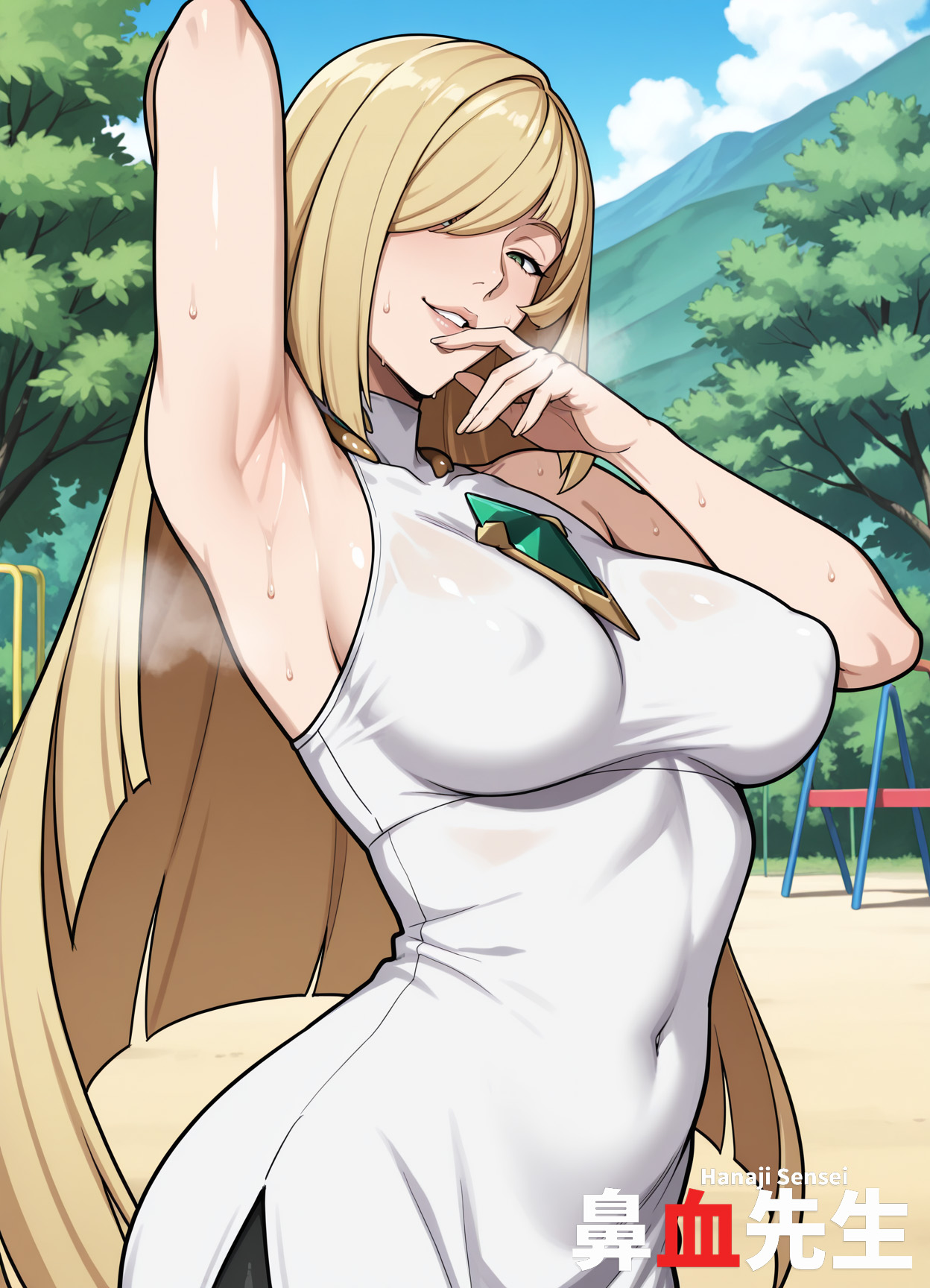 1girls, ai generated, armpit fetish, armpits, ass, blonde hair, breasts, female, game freak, green eyes, hanajisensei, leggings, long hair, lusamine (pokemon), medium breasts, nintendo, pokemon, pokemon sm, slender body, slender waist, sweat, thick thighs, white dress, 鼻血先生