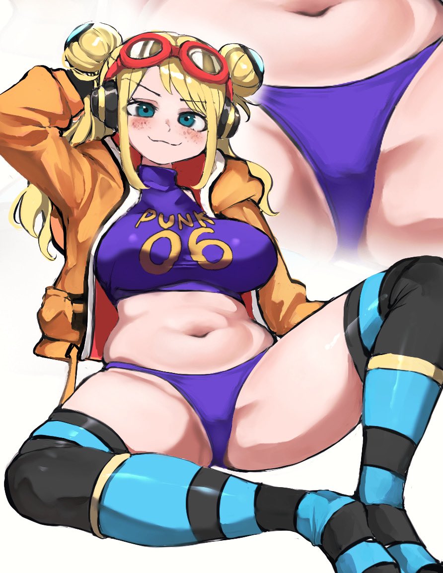 1girls adult adult_female belly belly_button big_breasts blonde_eyebrows blonde_female blonde_hair blonde_hair blonde_hair_female blue_eyes blue_eyes_female breasts busty busty_female busty_girl calves coat eyebrows_visible_through_hair feet female female_focus female_only freckle freckles freckles_on_face full_body goggles goggles_on_forehead goggles_on_head groin hair_bun hand_behind_head high_resolution highres huge_breasts jacket kasumi6 knees large_breasts lean_figure legs legs_apart legs_spread long_hair looking_at_viewer mature mature_female midriff narrow_waist navel one_piece plump_breasts simple_background sitting slender_body slender_waist slim_waist solo spread_legs spreading_legs spreading_thighs thick_thighs thighs thong twin_buns vegapunk_york white_background