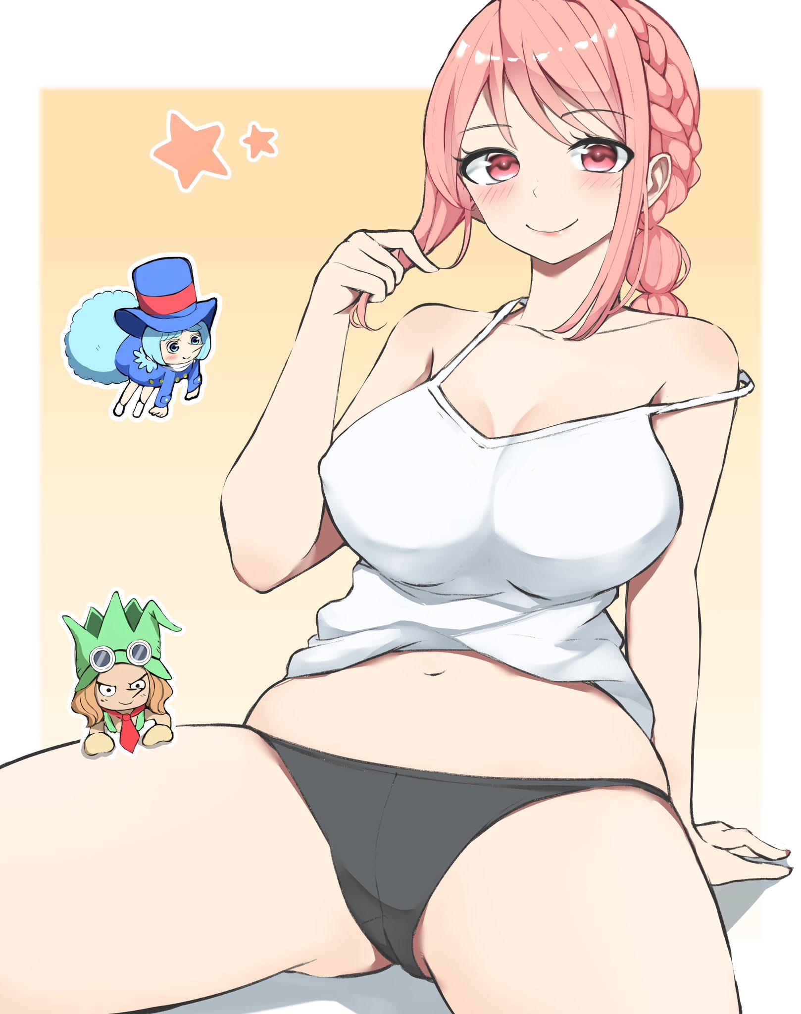 1girls, arm support, belly, belly button, big breasts, black panties, black underwear, blush, blush face, blushing female, braid, braided hair, braided ponytail, breasts, busty, busty female, busty teenager, cleavage, closed mouth smile, clothing, collarbone, eyebrows visible through hair, female, female focus, fingers, groin, high resolution, highres, hourglass figure, huge breasts, kasumi6, large breasts, lean figure, legs apart, legs spread, leo (one piece), lips, long hair, looking at viewer, male, midriff, narrow waist, navel, nipple bulge, one piece, panties, pink eyebrows, pink eyes, pink hair, pink-eyed female, pink-haired female, playing, playing with hair, plump breasts, ponytail, rebecca (one piece), shoulders, simple background, sitting, slender body, slender waist, slim waist, smile, smiley face, smiling, smiling at viewer, smirk, solo focus, spread legs, spreading legs, spreading thighs, tank top, thick thighs, thighs, tontatta dwarf, underwear, upper body, white background, wicca (one piece), wide hips, yellow background
