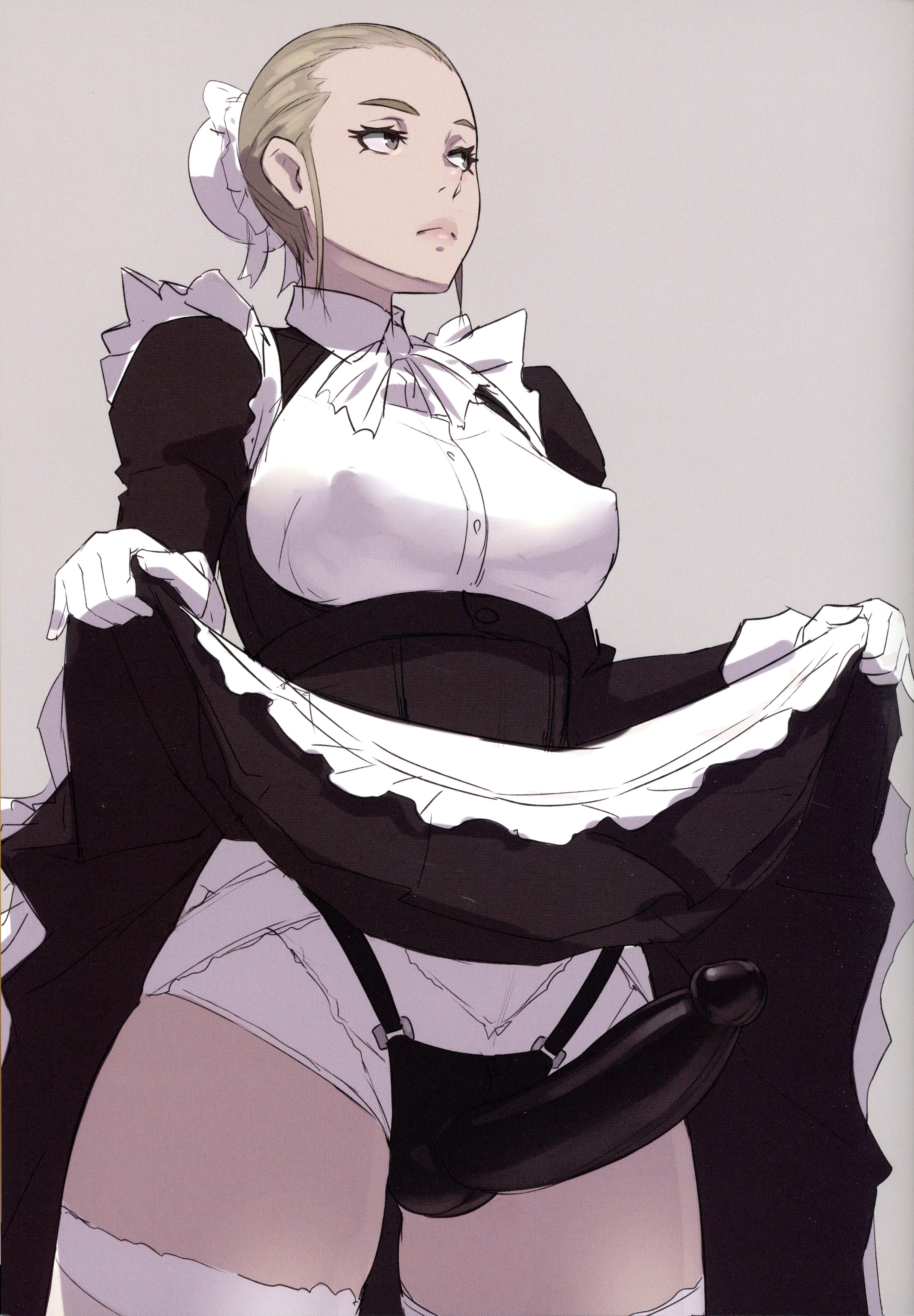 1girls, black dildo, black strap-on, blonde hair, bonnet, busty, clothed, clothed female, dildo, domination, female, femdom, gloves, imminent sex, low-angle view, lowres, maid, maid headdress, maid uniform, mikoyan, nipples, presenting strap-on, solo, strap-on, strap-on dildo, strap-on under skirt, strapon, tagme, upskirt