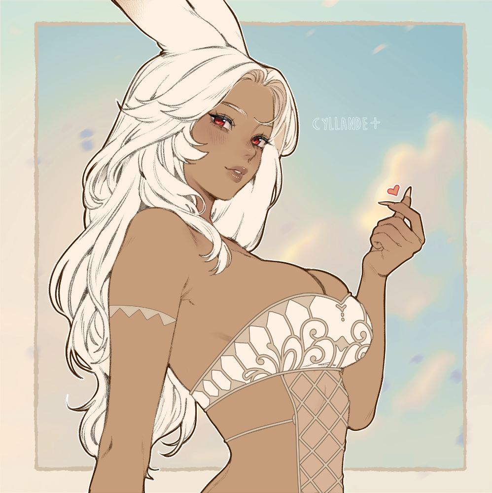 cleavage, dark skin, final fantasy xiv, looking at viewer, tagme, viera, white hair, yiiande