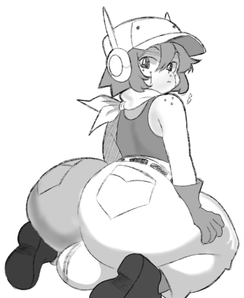 1boy, ass, ball bulge, big ass, bottom heavy, cave story, femboy, huge ass, looking back, on knees, quote (cave story), robot, robot boy, solo, solo male, thick ass, thick thighs, valerie skg