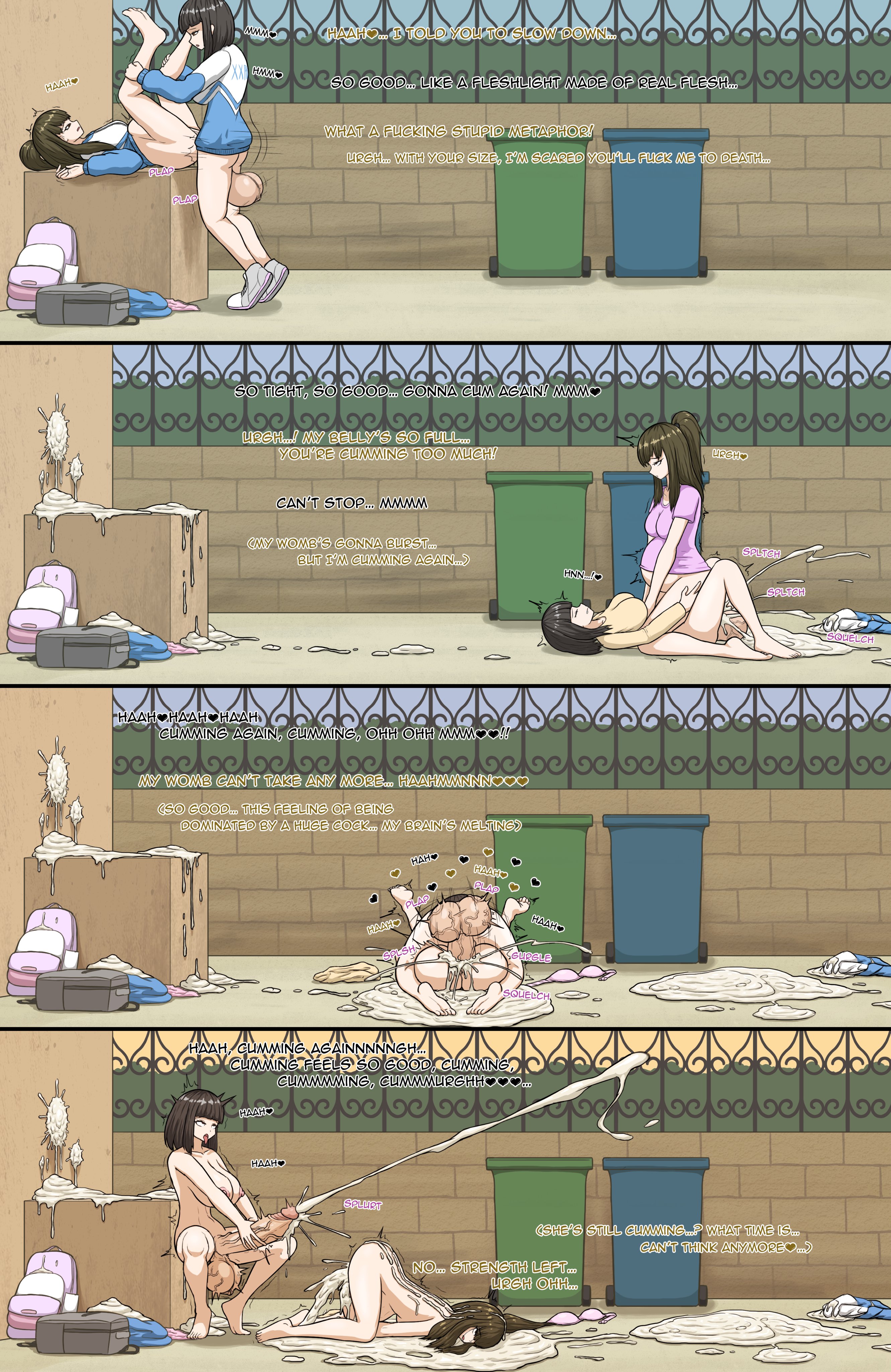 1futa, 1girls, after sex, balls, bottomless, breasts, cowgirl position, cum, cumming after sex, excessive cum, female, futa on female, futanari, huge balls, huge cock, inflation, intersex, large breasts, marathon sex, masturbating after sex, masturbation, mating press, naked, outside, penis, shoes, stomach bulge, tagme, turkey system