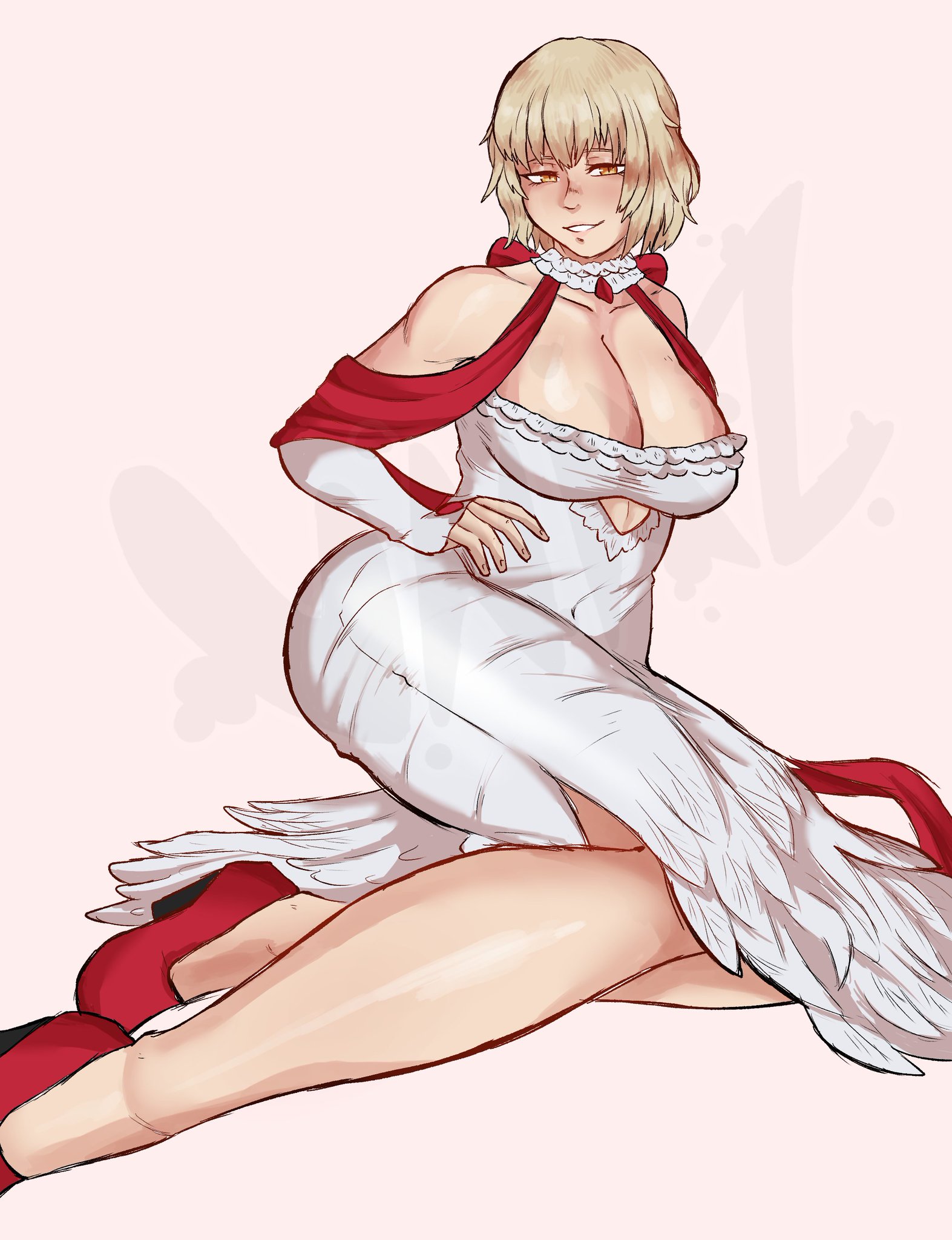 1girls, blonde hair, body fur, breasts, centauroid, chimera, claws, covered navel, cowboy shot, dragon tail, dungeon meshi, falin touden, falin touden (chimera), feathered wings, feathers, female, female only, hair between eyes, highres, large breasts, looking at viewer, monster girl, nipples, parted lips, short hair, sidelocks, signature, solo, tail, taur, underboob, vennex, white feathers, yellow eyes