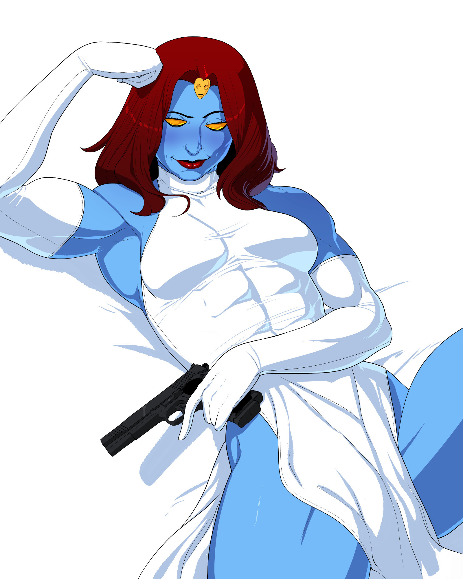 1girls, 2025, 2d, 2d (artwork), abs, amber eyes, armpit, blue skin, blue-skinned female, blush, detached sleeves, dress, dylan macri, female, flexing, gun, m1911, marvel, marvel comics, muscular, muscular arms, muscular female, mutant, mutant (marvel), mystique, on back, pistol, pupilless eyes, questionable, raven darkholme, red hair, red lipstick, sfw, shapeshifter, simple background, skull ornament, smile, smiling at viewer, turtleneck, weapon, white background, white dress, x-men, yellow eyes