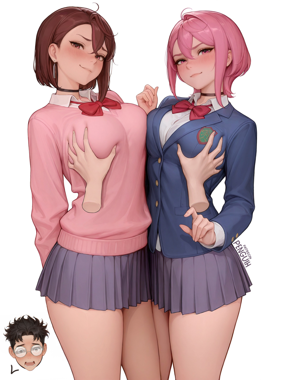 2girls, ai assisted, ai generated, ayase momo, bare legs, breast grab, breasts, brown eyes, brown hair, choker, clothed, crossed bangs, dandadan, earrings, female, female only, grabbing, grabbing another's breast, looking at viewer, medium breasts, medium hair, nipples, patreon username, penguih, pink hair, pleated skirt, school uniform, schoolgirl, shiratori aira (dandadan), shirt, skirt, smile, sweater, takakura ken (okarun)