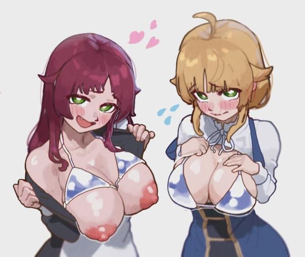 2girls, aged up, aisha greyrat, big breasts, bra, breasts, female, female only, large breasts, mushoku tensei, mushoku tensei: isekai ittara honki dasu, norn greyrat, partially clothed, shy, sisters, whore eyes, ysan