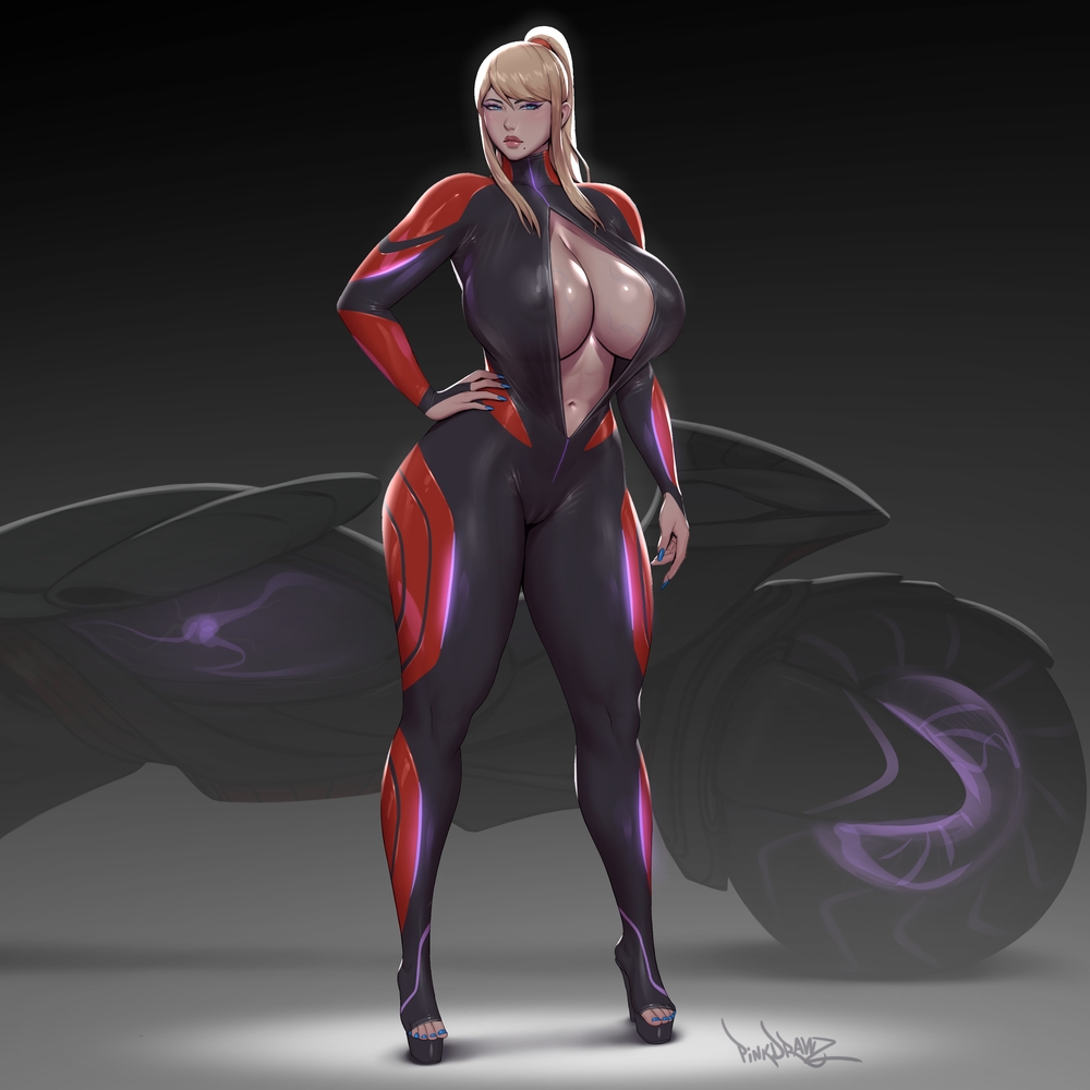 big breasts, bimbo, blonde hair, breasts, female, huge breasts, looking at viewer, metroid, nintendo, pinkdrawz, ponytail, samus aran