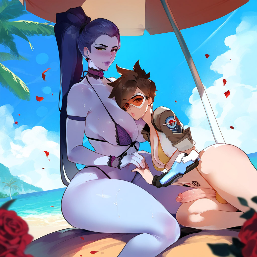 2girls, ai generated, arm tattoo, back tattoo, bare shoulders, beach, beach umbrella, bikini, blue sky, breasts, brown gloves, brown hair, chest harness, choker, cloud, cloudy sky, day, ear piercing, earrings, female, floral print, flower, futa on female, futa with female, futanari, gloves, hair ornament, hair pulled back, half-closed eyes, harness, hibiscus, imminent sex, intersex, jewelry, kneeling, long hair, looking at another, lounge chair, lying, navel, ocean, outdoors, overwatch, overwatch 2, palm tree, penis, petals, piercing, ponytail, purple hair, purple lips, purple skin, racerai, red flower, red rose, rose, short hair, short sleeves, sky, smile, spiked hair, sweat, swimsuit, tattoo, tracer, tree, umbrella, uncensored, veins, veiny penis, widowmaker, yellow eyes, yuri