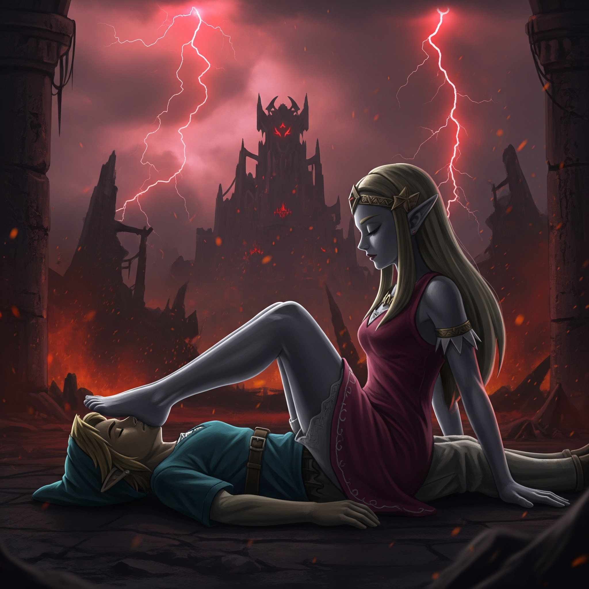 1boy, 1girls, ai generated, castle, corruption, defeat, defeated, defeated hero, dominant, dominant female, domination, female, femdom, foot fetish, foot focus, foot lick, foot play, foot worship, link, male, penis, princess zelda, sitting on lap, sitting on penis, sitting on person, stepped on, stepping on face, stepping on head, submission, submissive, the legend of zelda