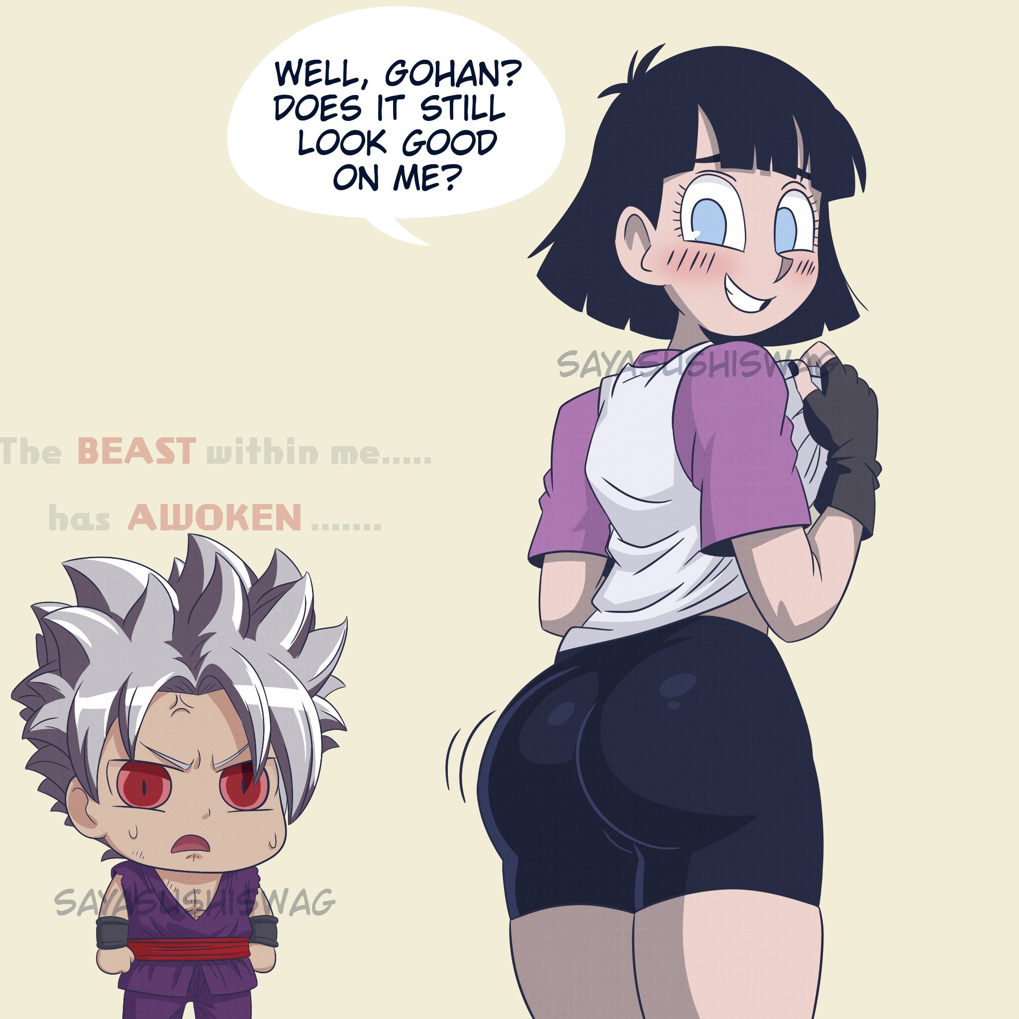 1boy, 1girls, beast gohan, big butt, clothed, dragon ball, dragon ball z, sayasushiswag, son gohan, tagme, videl, videl (short hair)