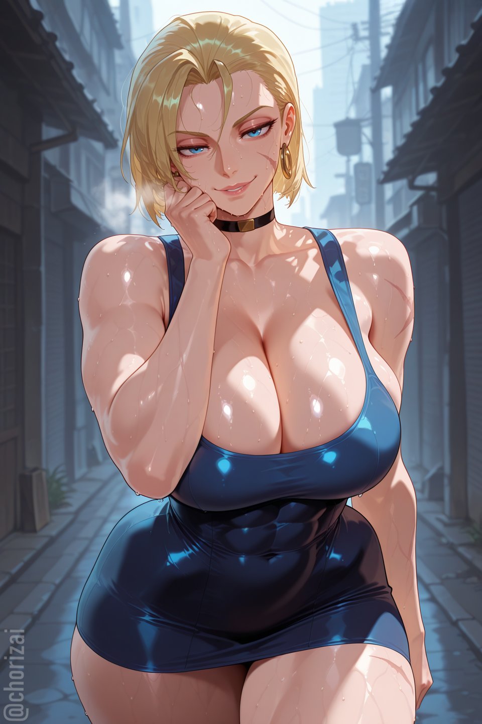 1girls, ai generated, blonde hair, blue eyes, breasts, cammy white, choker, chorizai, cleavage, dress, female, huge breasts, massive breasts, short hair, slim waist, solo, street fighter, toned, toned body, toned female