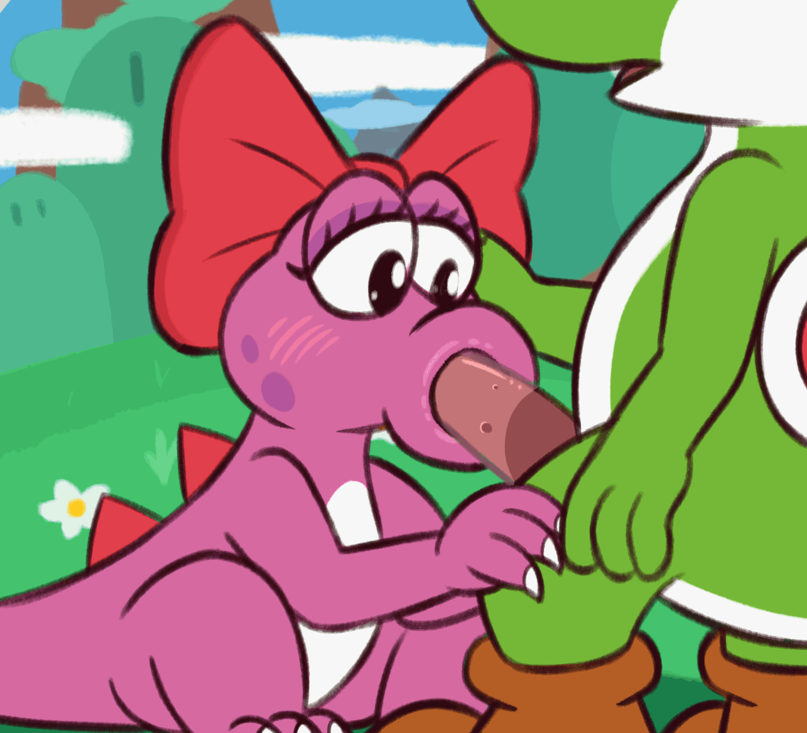2d animation, ahatas, ambiguous gender, animated, anthro, anthro on anthro, birdo, blush, bodily fluids, boots, bow ribbon, clothing, cloud, detailed background, dinosaur, duo, eyelashes, fellatio, female, female penetrated, footwear, frame by frame, genitals, grass, green body, hand on head, hi res, looking at genitalia, looking at penis, male, male penetrating, male/ambiguous, mario (series), narrowed eyes, nintendo, open mouth, oral, outside, penetration, penile, penile penetration, penis, pink body, plant, reptile, saliva, saliva on penis, scalie, sex, shoes, short playtime, siphon (anatomy), siphonjob, sitting, sky, solo focus, spikes, standing, yoshi