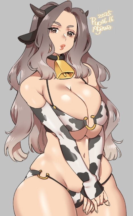 big breasts, breasts, cow bell, cow horns, cow print, cowbell, cowbell collar, female, long hair, looking at viewer, original, ryo agawa