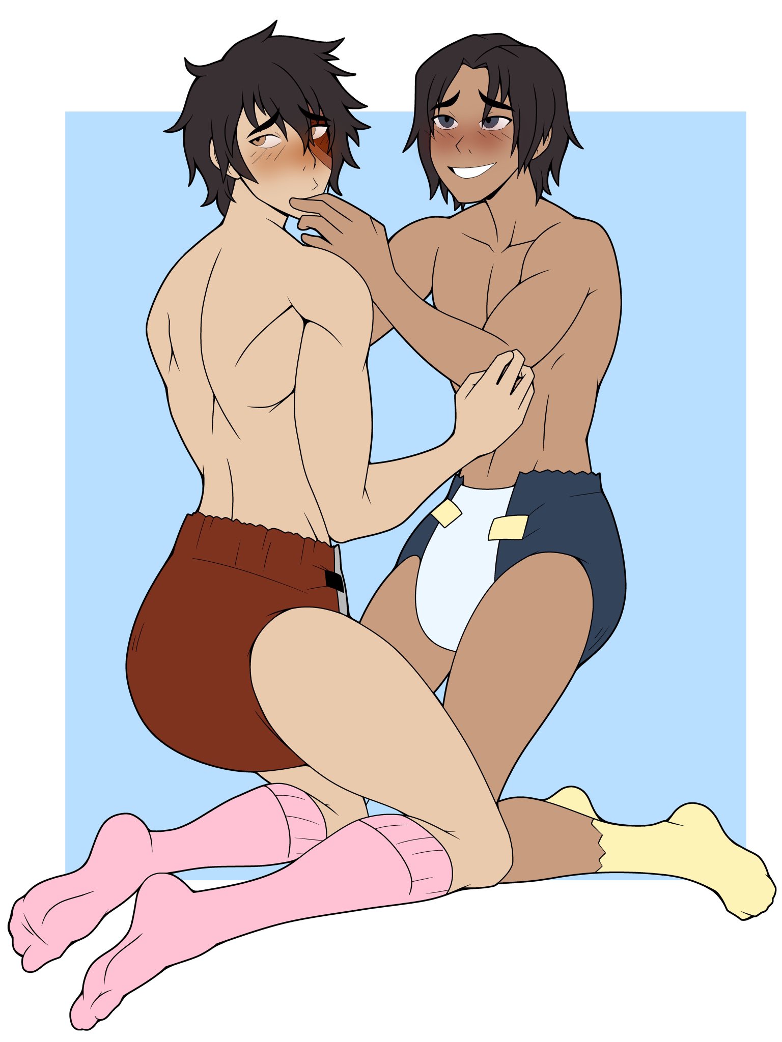 2boys, abdl, anklehighs, asian, asian male, avatar the last airbender, averting eyes, blue eyes, blush, blushing, calf socks, crew socks, dark skin, dark-skinned male, diaper, diaper fetish, embarrassed, feet, fire nation, gay, gay male, holding partner, interracial, inuit, knee socks, kneehighs, kneeling, kneesocks, light skin, light-skinned male, looking at partner, looking away, male, male focus, male only, male/male, muscular, muscular male, nickelodeon, nicktoons, pink socks, shirtless, smiling, socks, sokka, toned, water tribe, yaoi, yellow eyes, yellow socks, yuunsfw, zuko